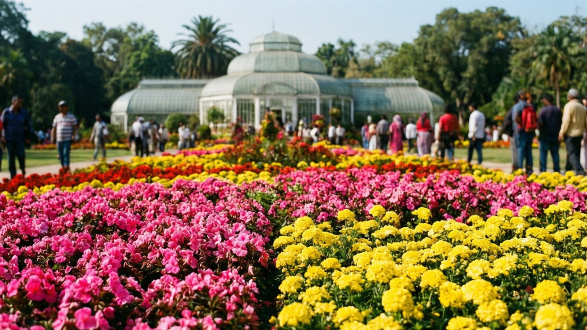 Lalbagh Flower Show Spectacle 壁紙 — 充滿活力的粉紅色和黃色花朵在玻璃圓頂溫室前盛開，遊客在附近漫步。