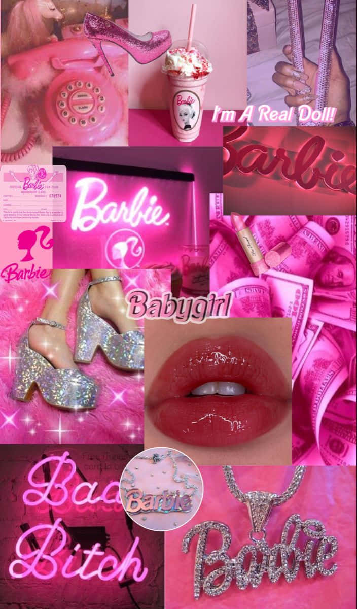 Glitter Barbie Aesthetic 桌布 壁紙 — 充滿活力的粉紅色拼貼畫，包含閃亮的Barbie主題物品，如鞋子、飲料和霓虹燈標誌，並帶有粗體文字疊加。