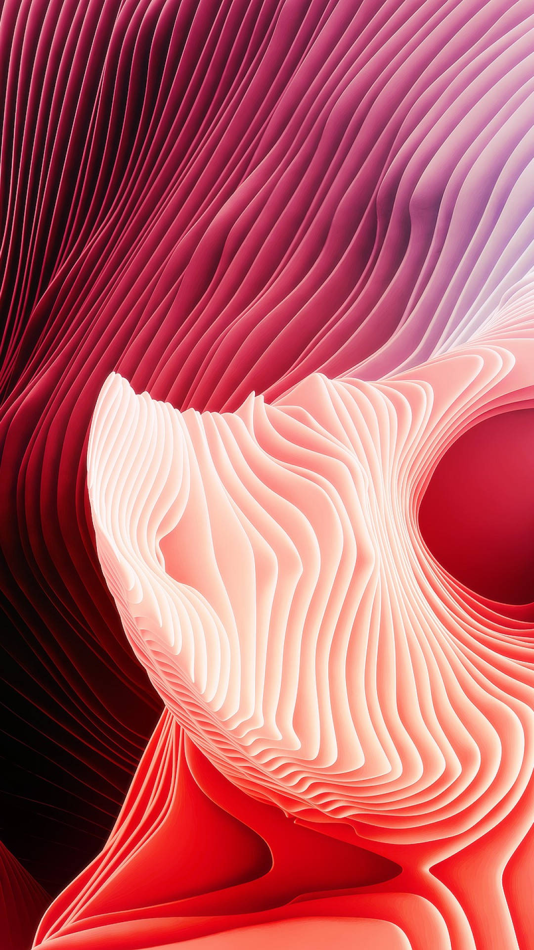 動態抽象數位藝術，帶有流動的紅色、粉紅色和白色波浪。 — 3D 壁紙
