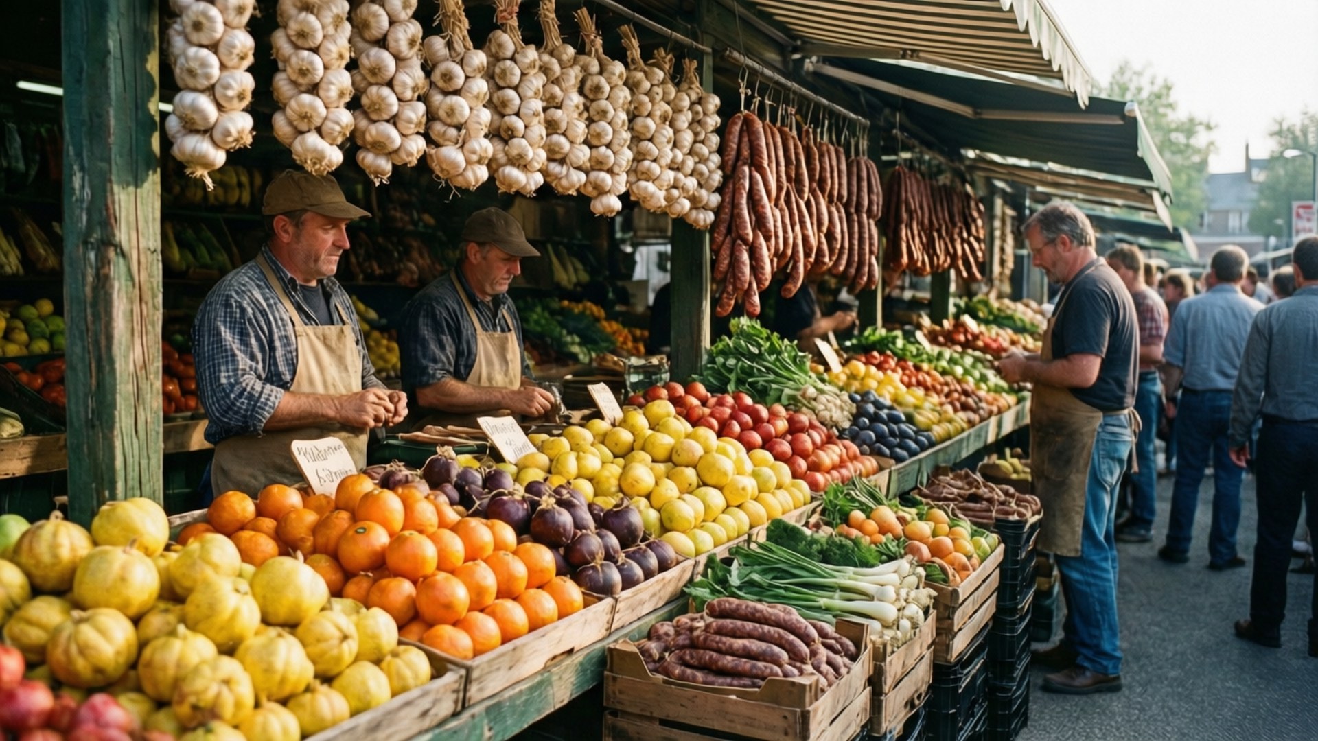 Jean-Talon Market Bounty 壁紙 — 充滿活力的戶外市場攤位，在遮陽篷下堆滿了色彩繽紛的新鮮農產品和懸掛的大蒜和香腸。