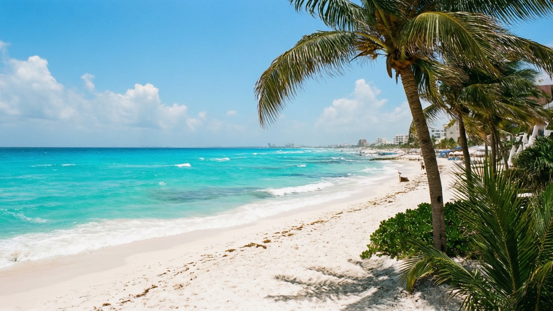 Cancun Paradise Beach 壁紙 — 充滿活力的藍綠色海洋與純淨的白色沙灘相遇，在明亮的藍天下有散落的雲朵和搖曳的棕櫚樹。