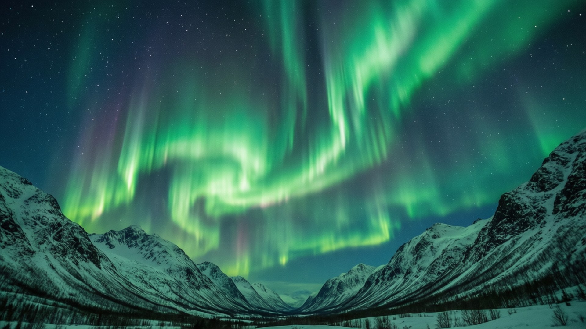 Neon Aurora 壁紙 — 充滿活力的綠色和紫色北極光在冬季白雪覆蓋的山脈上方的星空中舞動。