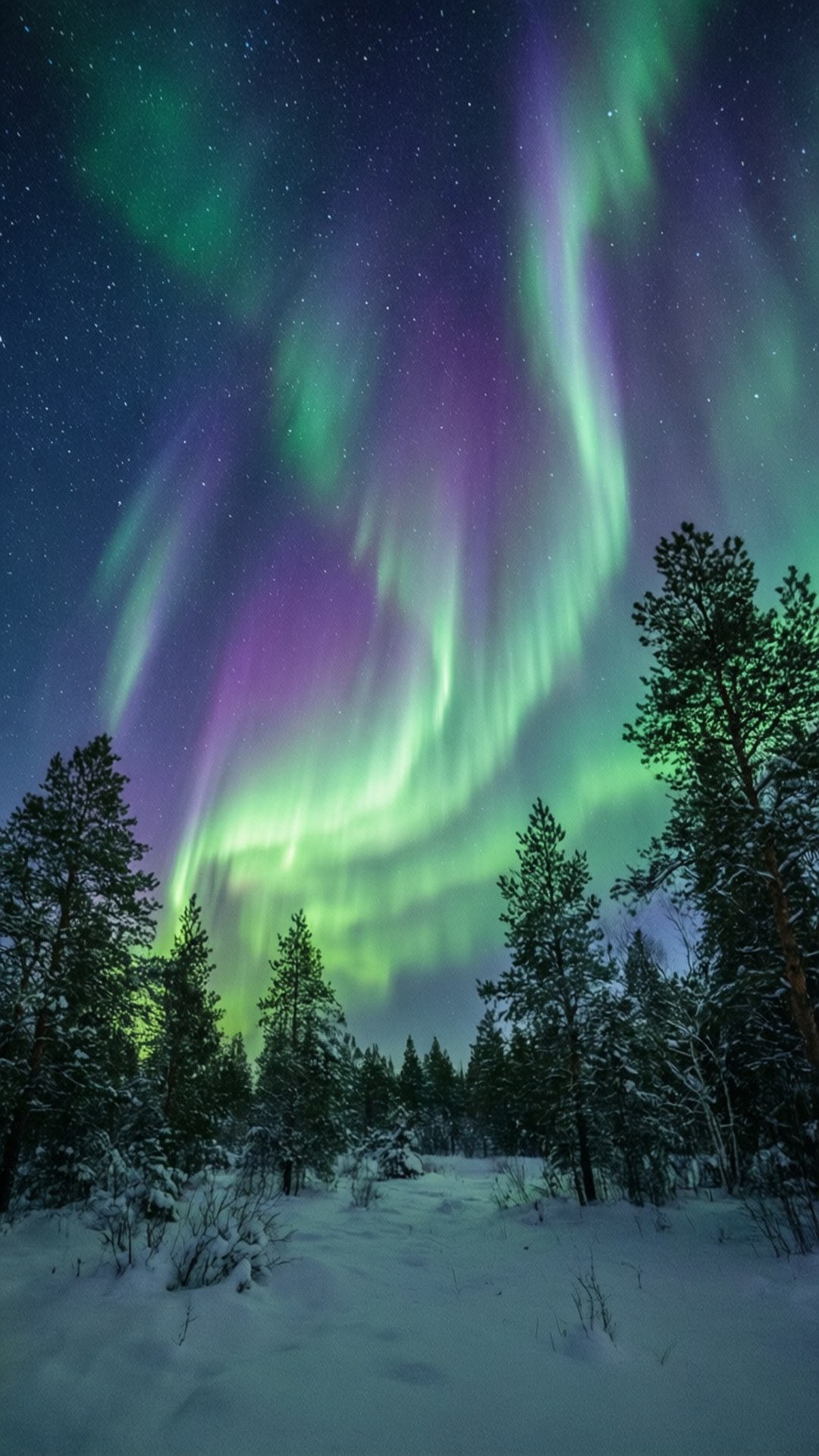Northern Lights 壁紙 — 充滿活力的綠色和紫色北極光在雪覆蓋的松樹林上方的星空夜空中舞動。