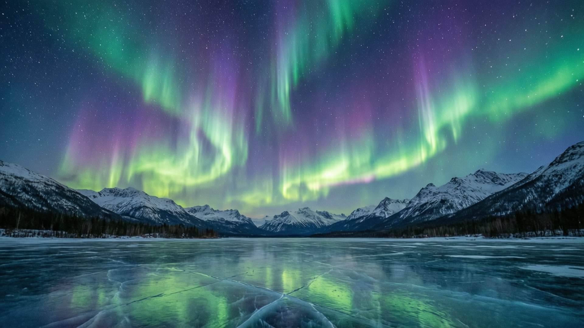 Aurora Winter Magic 壁紙 — 充滿活力的綠色和紫色極光在星空下舞動，映照著雪山和冰凍的湖泊。