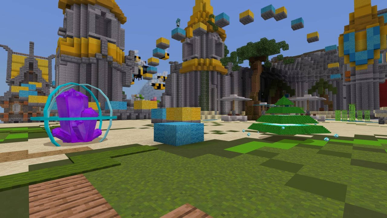像素化Minecraft場景，帶有發光水晶和漂浮方塊。 — 可愛的 Minecraft 壁紙