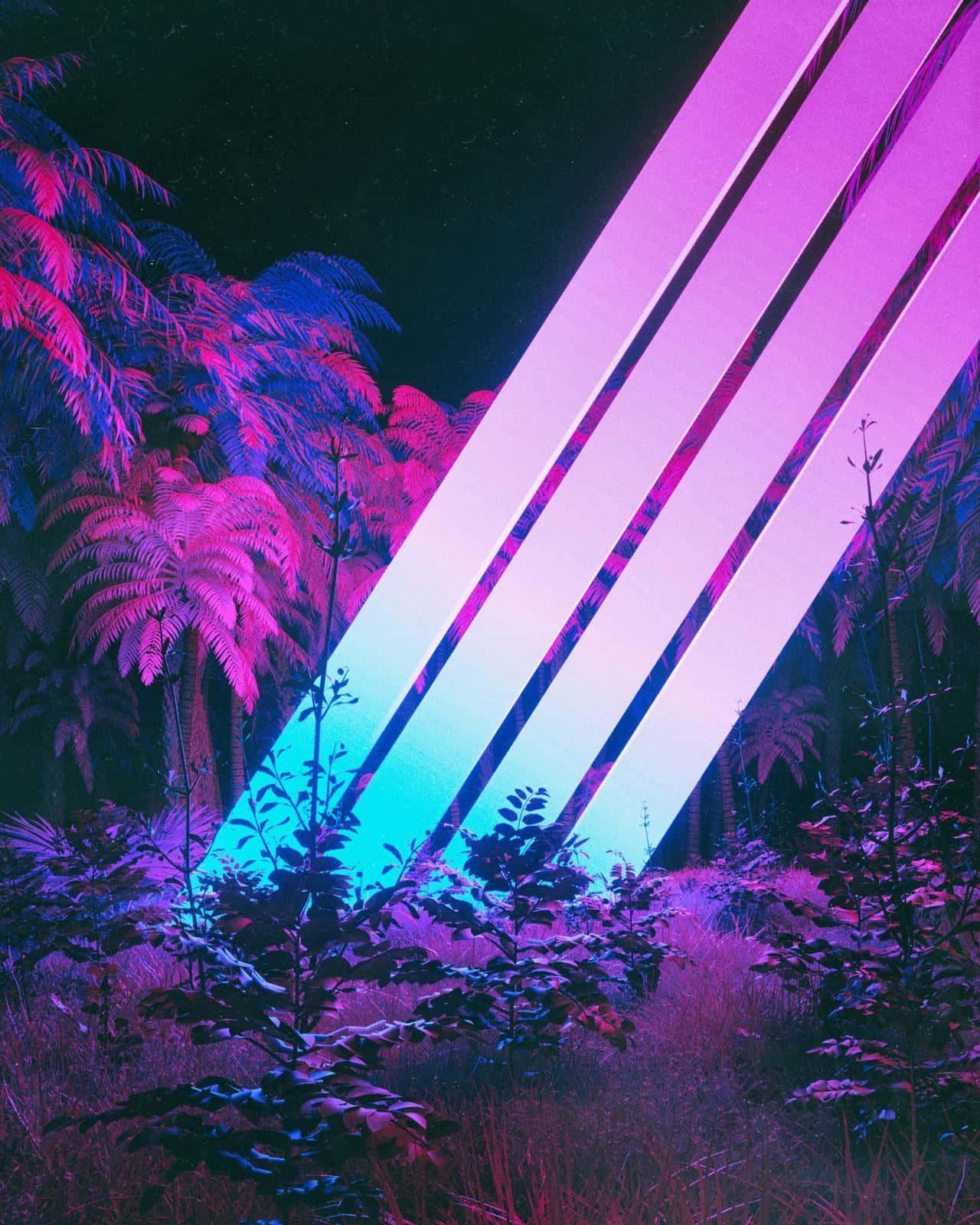  壁紙 — 充滿活力的霓虹光束穿過黑暗的叢林樹冠，沐浴在電光粉紅和青色光芒中。