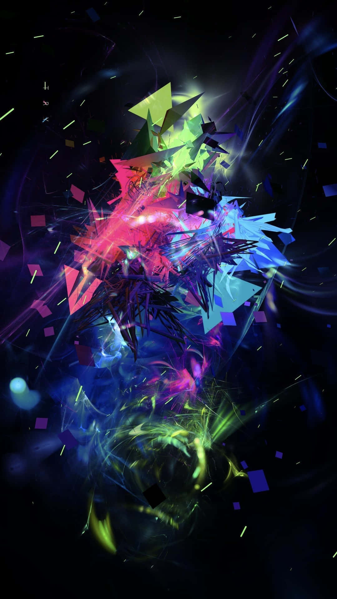  壁紙 — 充滿活力的霓虹幾何碎片在黑暗的宇宙背景下爆炸，帶有發光的軌跡和散落的粒子。