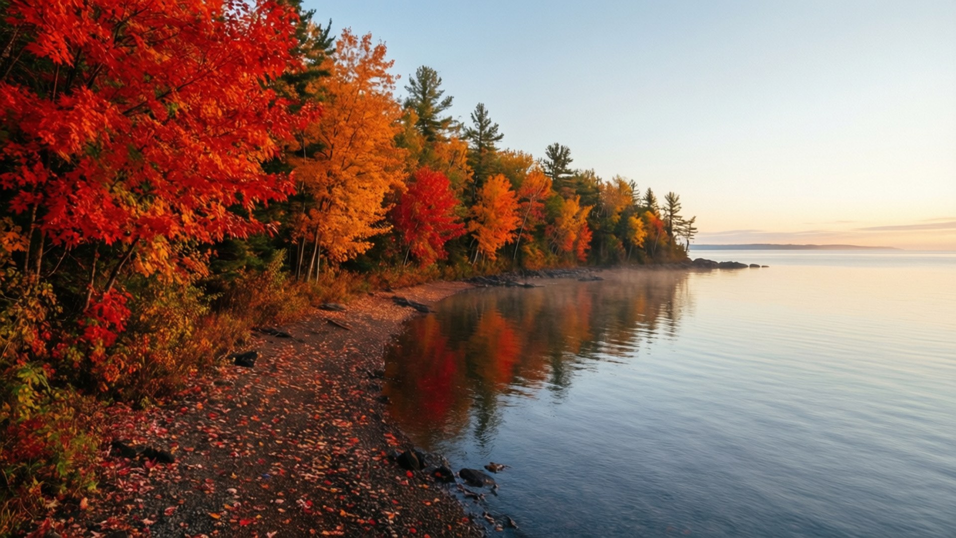 North Shore Autumn Colors 壁紙 — 充滿活力的秋樹，火紅橙色的葉子排列在平靜的湖邊，倒映著柔和的金色日出。