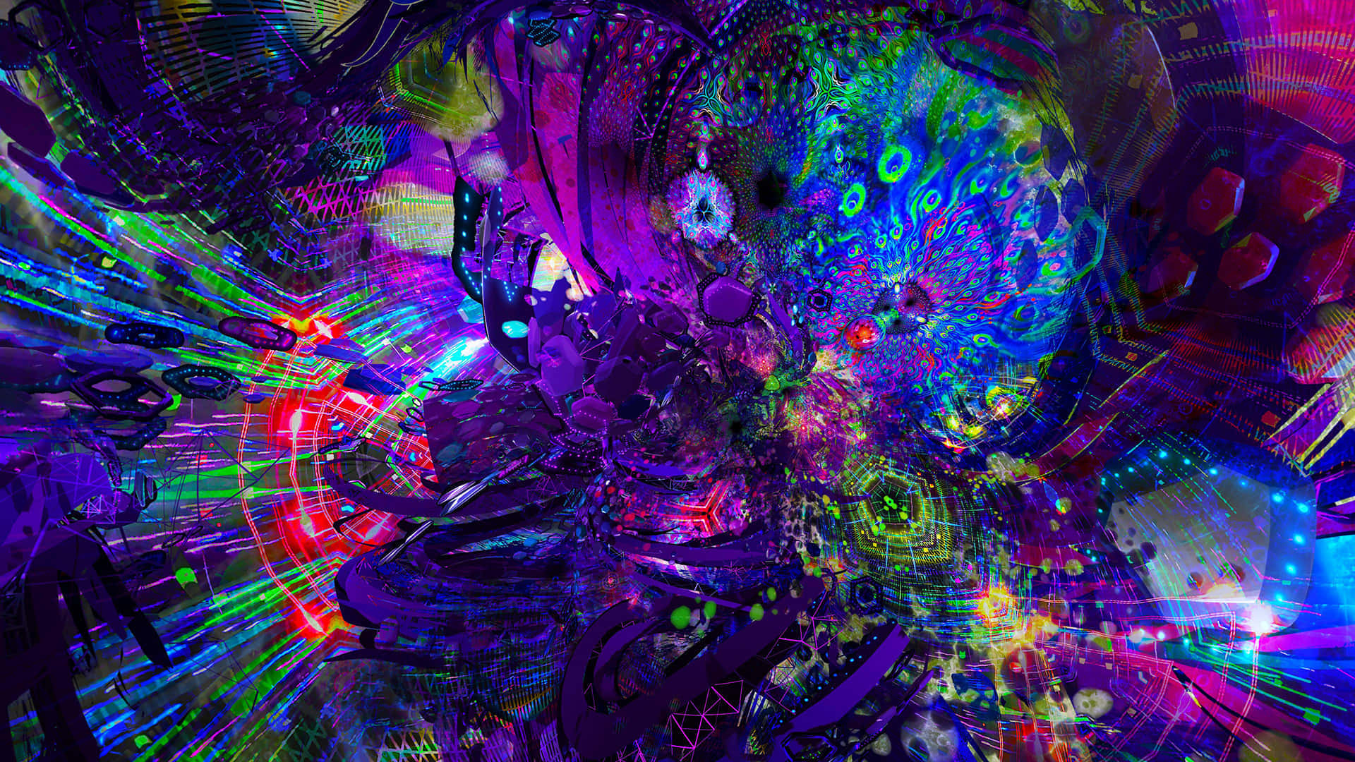  壁紙 — 充滿活力的數位爆炸，霓虹色彩和碎形圖案在迷幻抽象漩渦中旋轉。