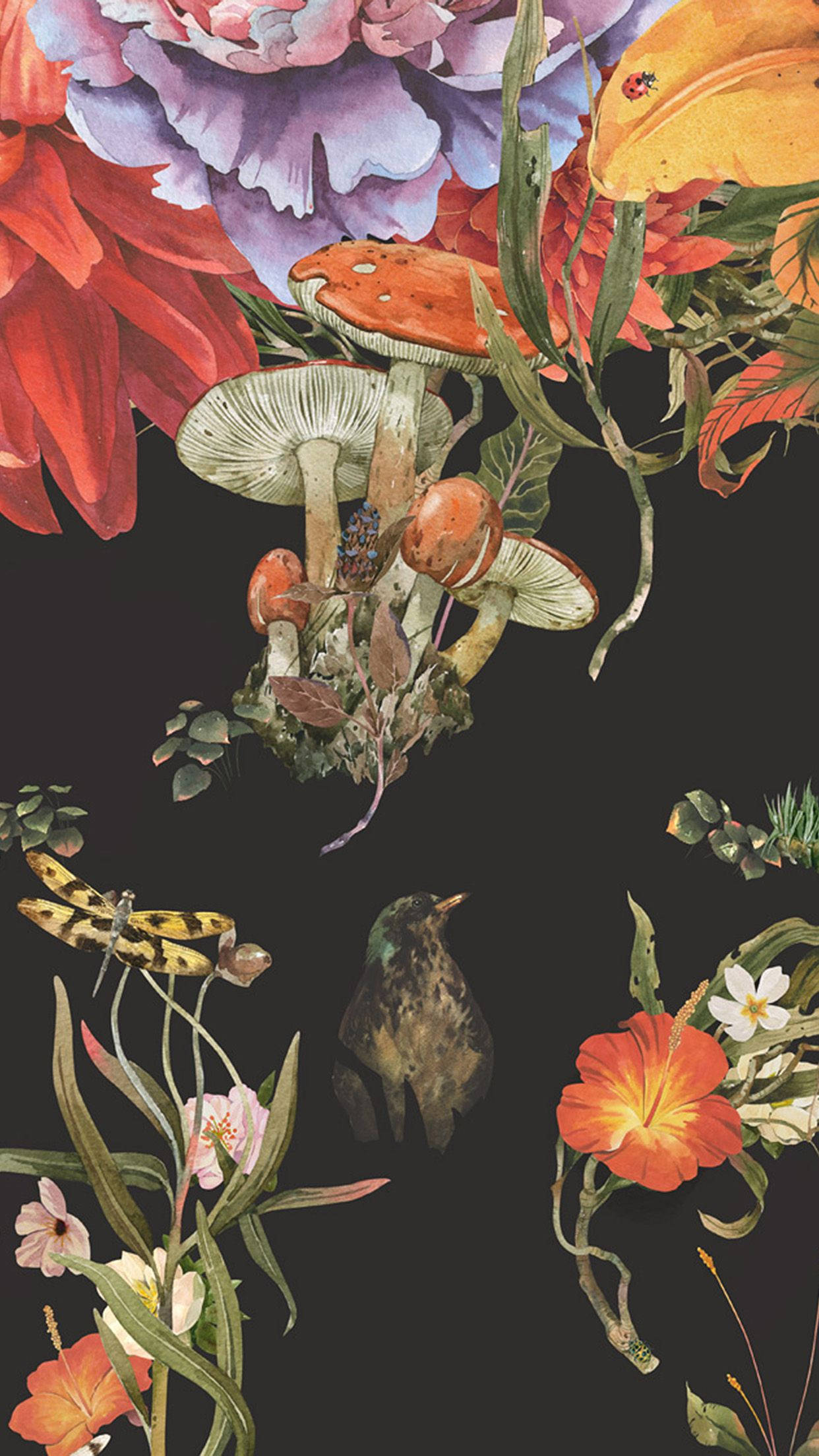 深色背景上帶有花朵、蘑菇和昆蟲的植物水彩插圖 — iPhone X 壁紙