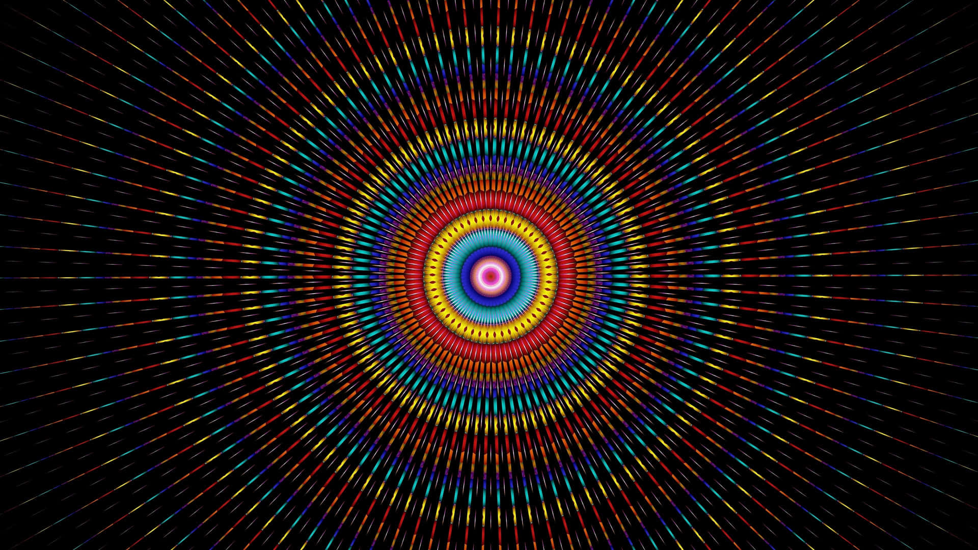  壁紙 — 充滿活力的同心圓從發光的中心向外輻射，在黑色背景上營造出催眠般的數位隧道效果。