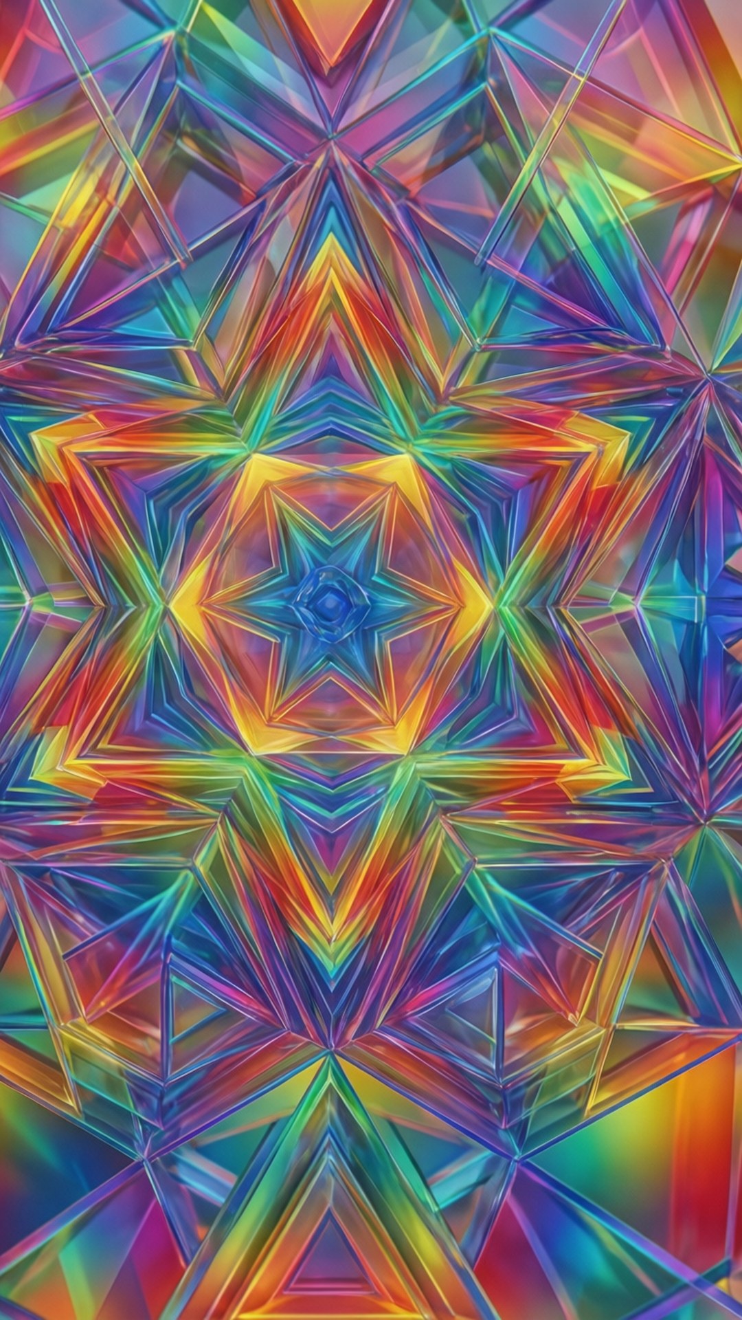 Kaleidoscope Gradient 壁紙 — 充滿活力的萬花筒幾何圖案從中央星爆發出棱鏡彩虹色調和銳利的水晶邊緣。