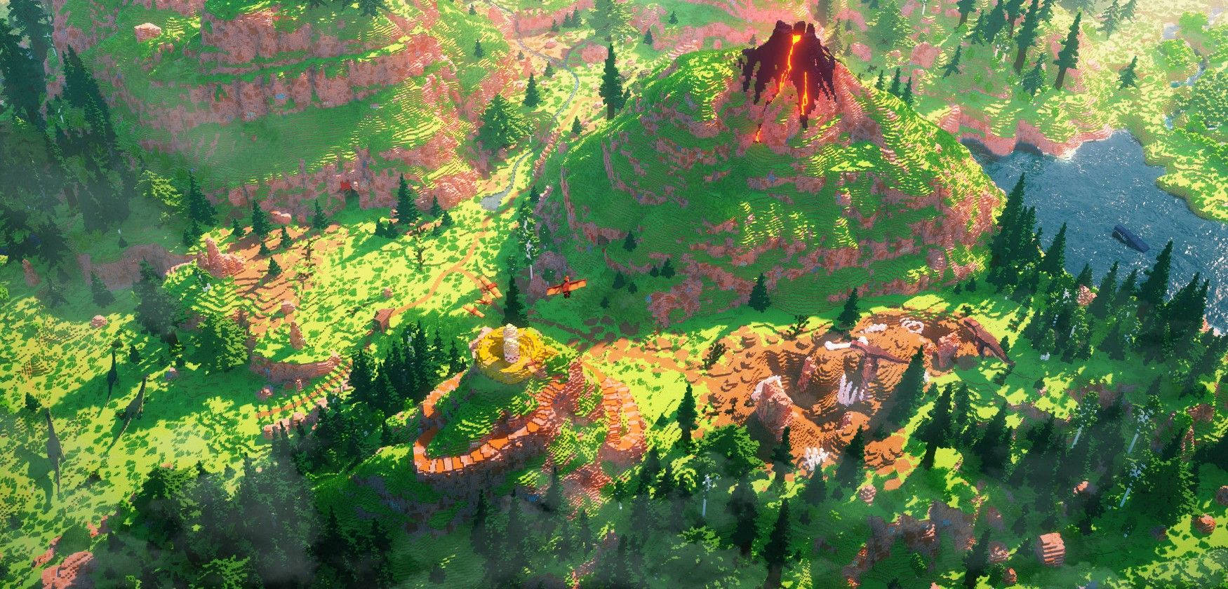 在明亮陽光下，帶有火山和森林的像素化山景。 — 可愛的 Minecraft 壁紙