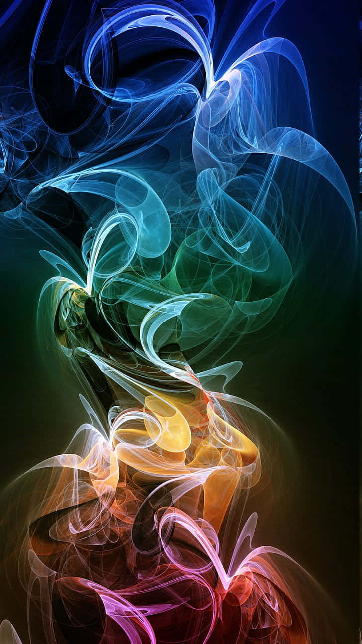  壁紙 — 充滿活力的旋轉煙霧，呈現藍色、綠色、黃色和粉紅色，在深色漸層背景上動態流動。