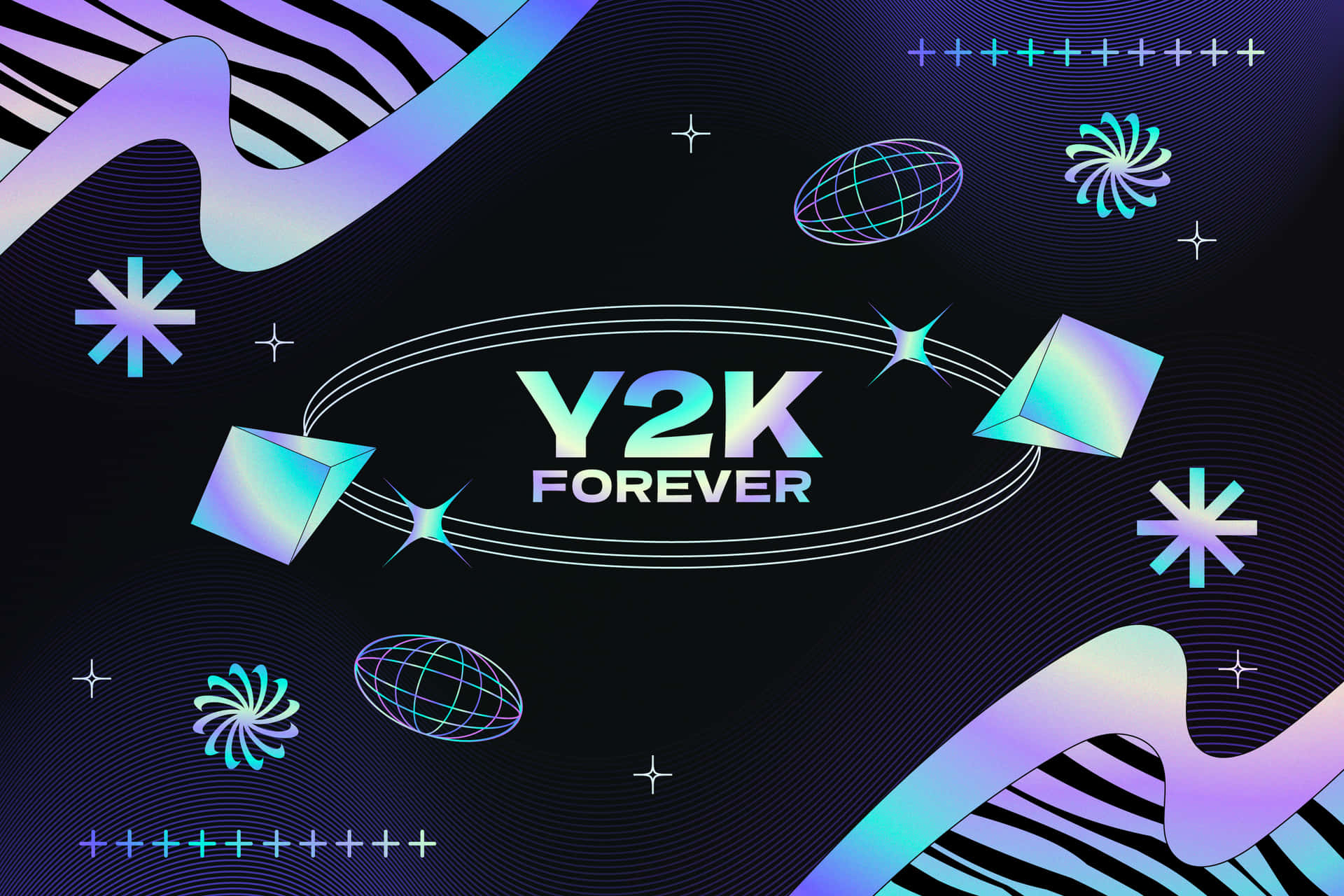  壁紙 — 充滿活力的 Y2K 數位藝術，發光的霓虹立方體、螺旋和星星圍繞著中央的「Y2K FOREVER」文字，背景為深色漸層。