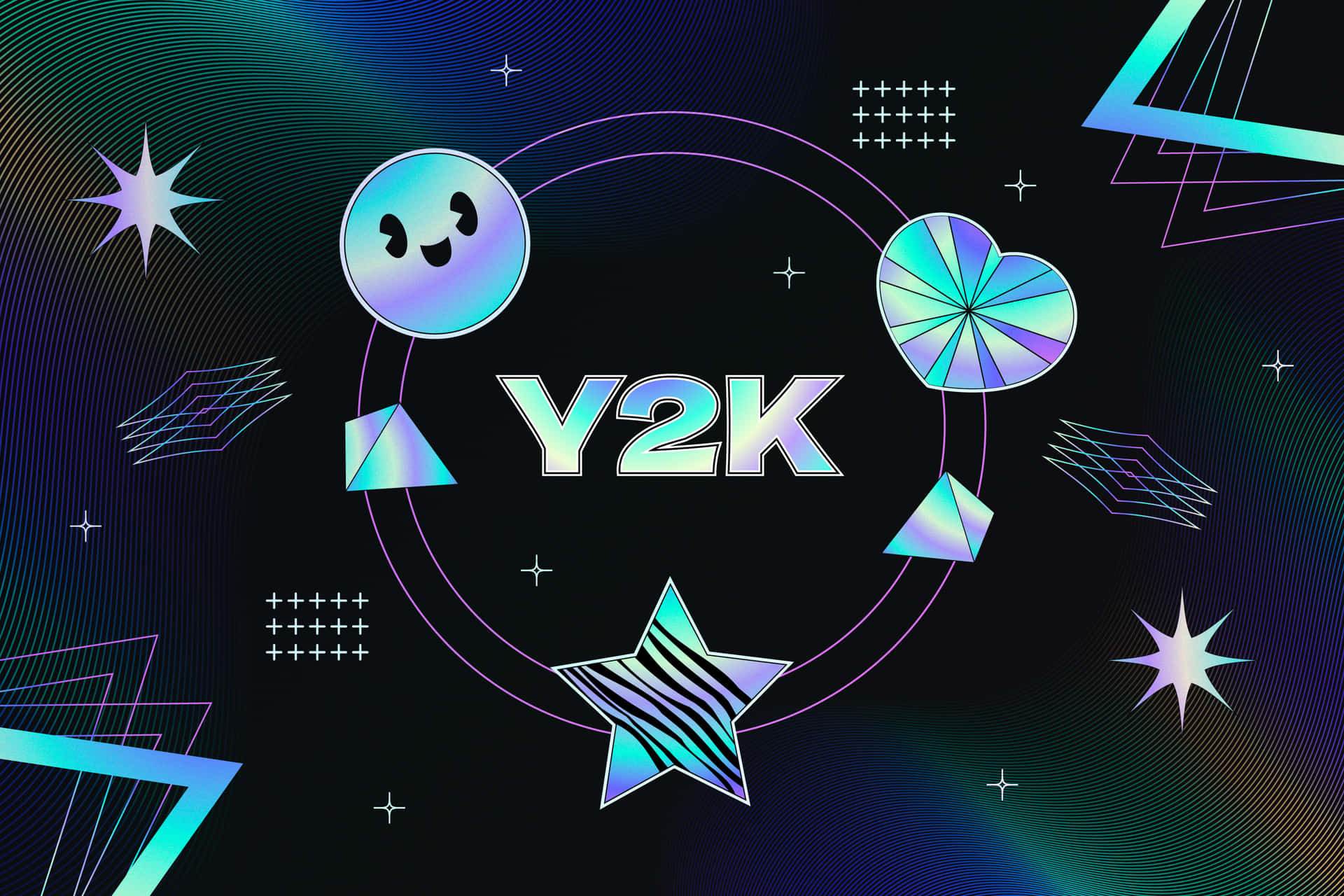  壁紙 — 充滿活力的Y2K數位藝術，在深色漸變背景上呈現發光的幾何形狀和全息圖標。