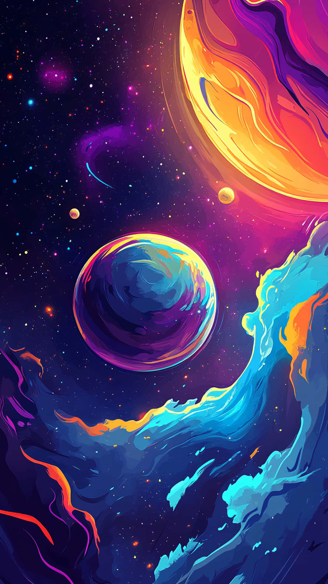 充滿活力的宇宙場景，繁星點點的夜空中有發光的行星和色彩繽紛的星雲 — 月光 壁紙