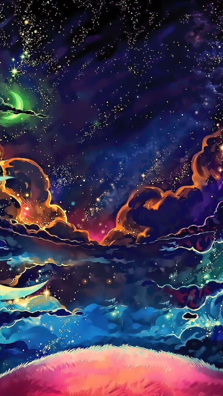  壁紙 — 充滿活力的宇宙場景，發光的星雲和星星在粉紅色地平線上的彩色雲層中窺視。