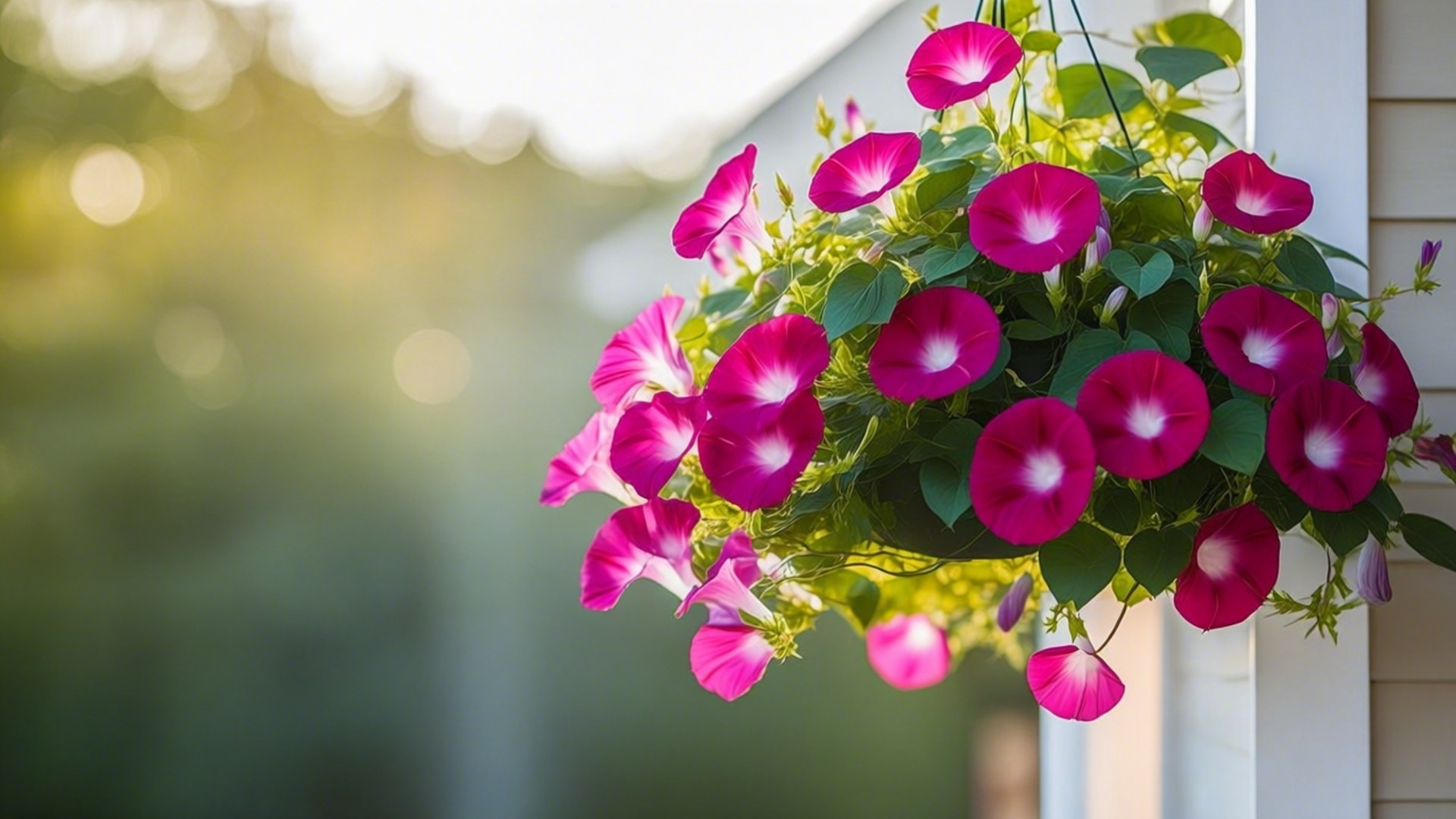 Hanging Basket Morning Glory 壁紙 — 充滿活力的紫紅色牽牛花在掛籃中盛開，背景是柔和模糊的陽光和綠意。