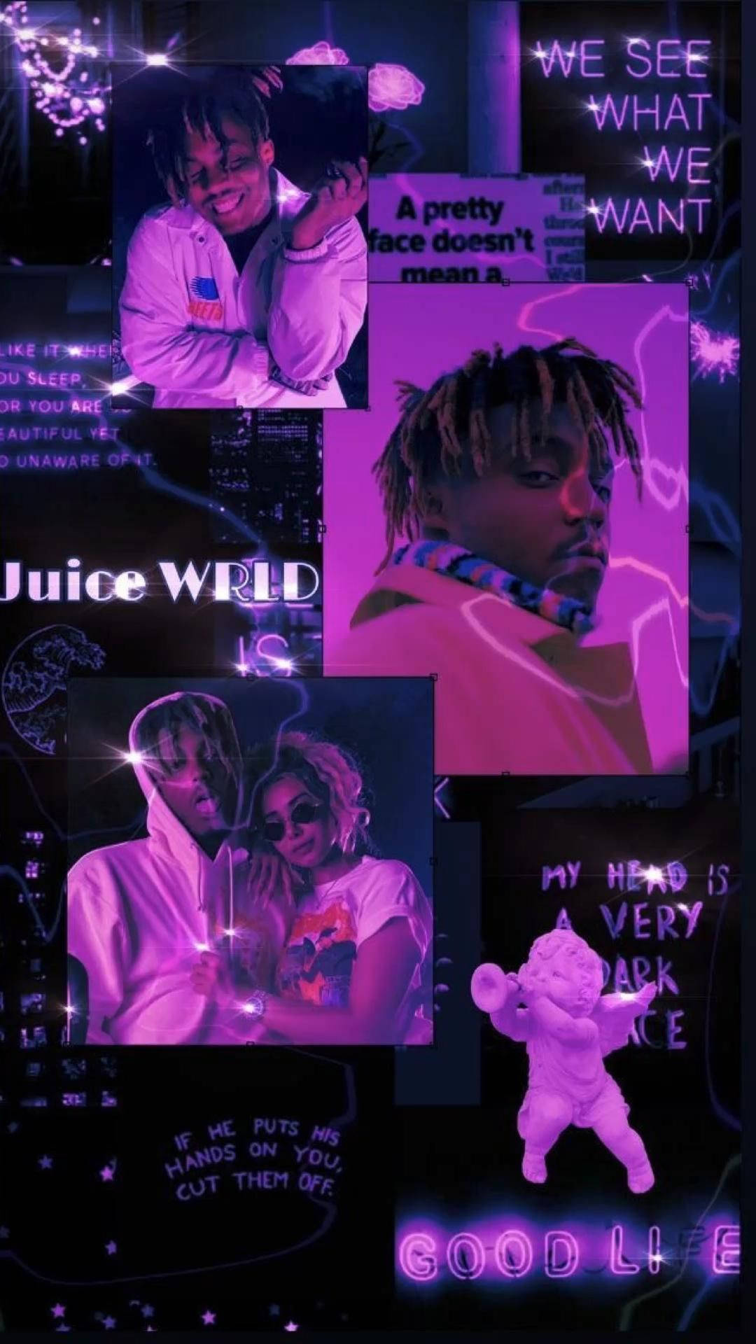 深色背景上Juice WRLD照片和歌詞的紫色霓虹拼貼畫。 — Juice Wrld 壁紙