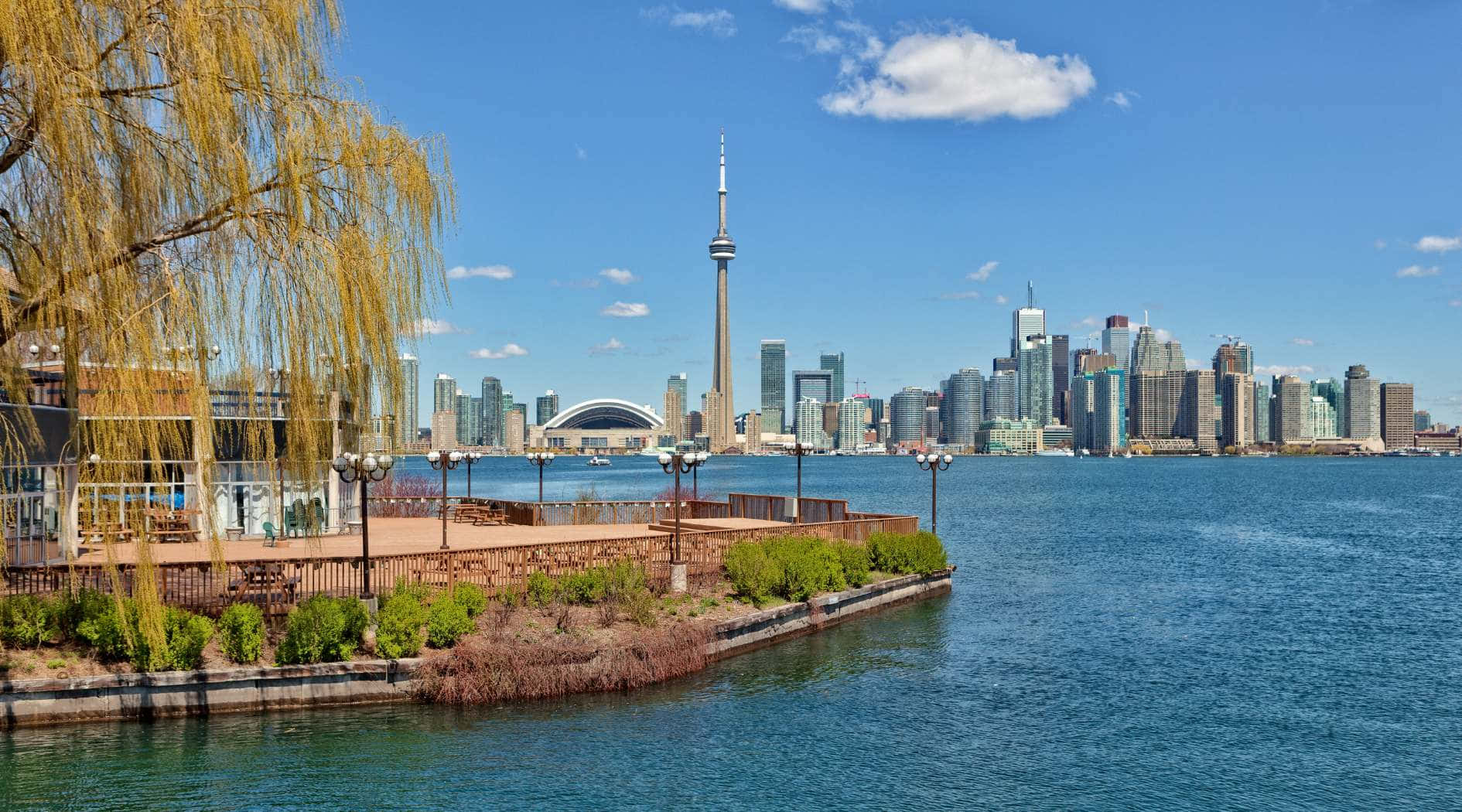 Toronto Islands 桌布 壁紙 — 充滿活力的城市景觀，CN 塔和現代摩天大樓從海濱拔地而起，以垂柳和清澈的藍天為框。