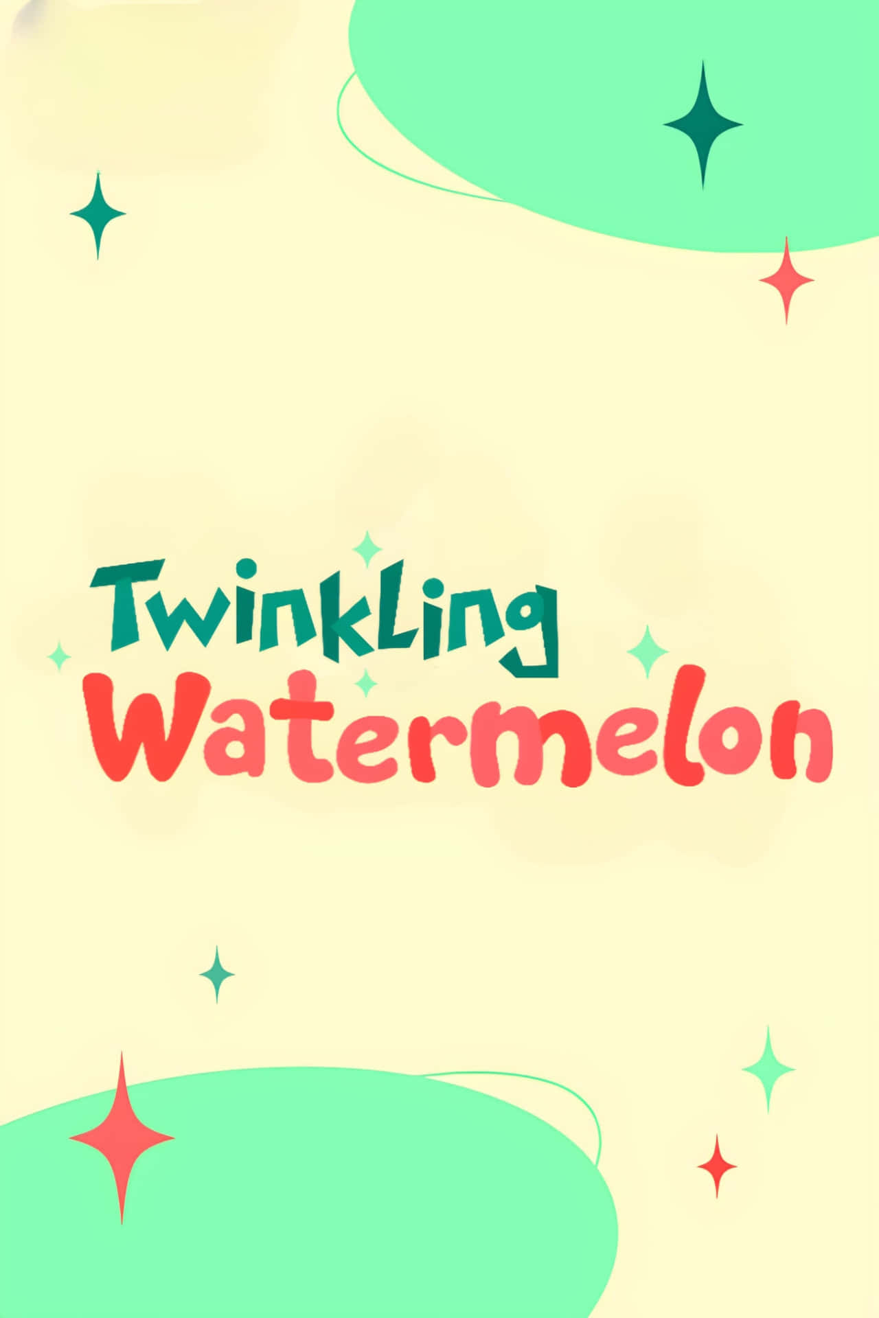  壁紙 — 充滿活力的復古風格插圖，帶有俏皮文字 'Twinkling Watermelon'，周圍環繞著彩色星星和粉綠色形狀，背景為奶油色。