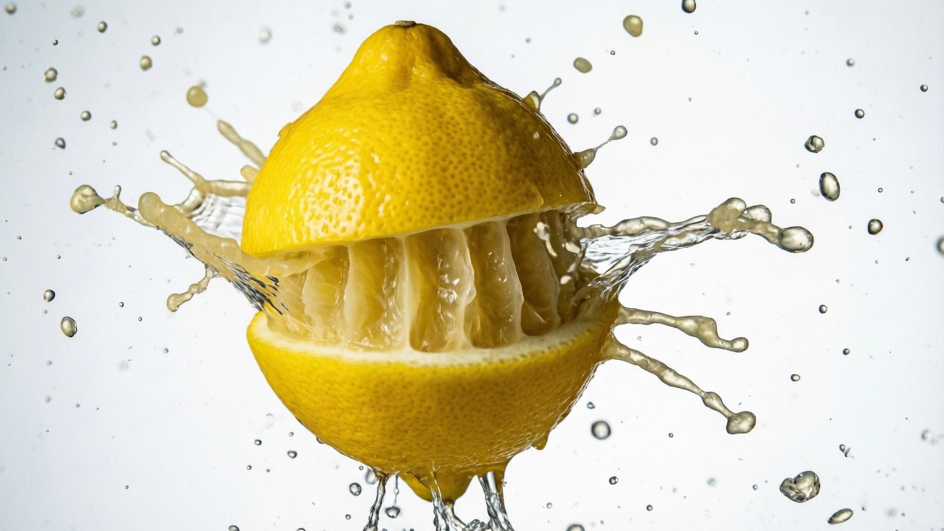 Squeezed Lemon Droplets 壁紙 — 充滿活力的黃色檸檬半邊在純白背景下迸發果汁，形成動態飛濺。