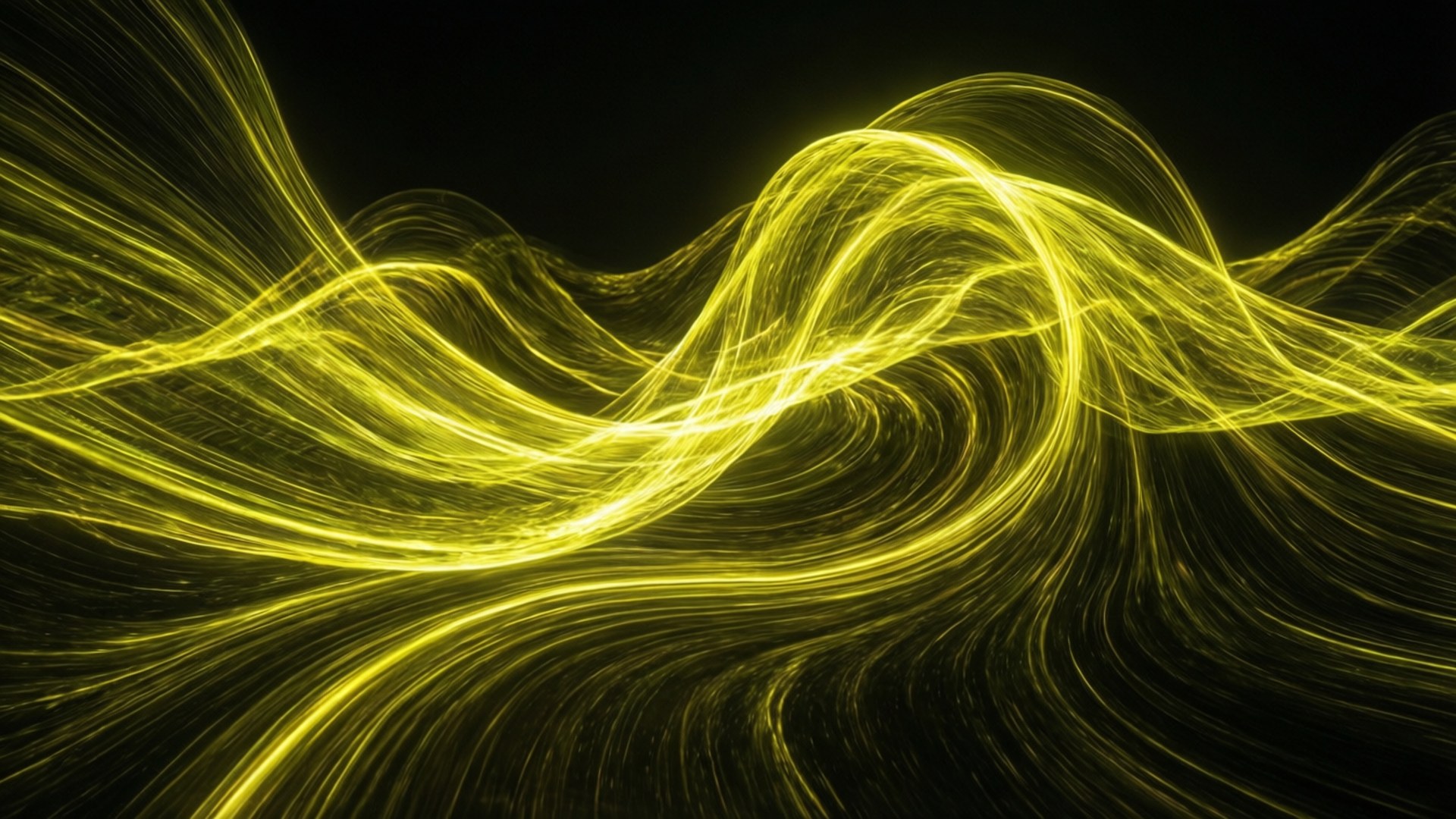 Neon Yellow Wave Abstract 壁紙 — 充滿活力的金色光軌在深黑色背景上動態旋轉，營造出運動和能量的感覺。