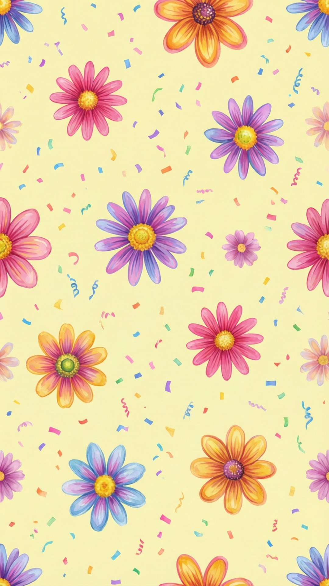 Floral Confetti Pattern 壁紙 — 充滿活力的卡通花朵，以粉紅、紫、橙和藍色綻放，在淺黃色背景上散落著彩色紙屑。
