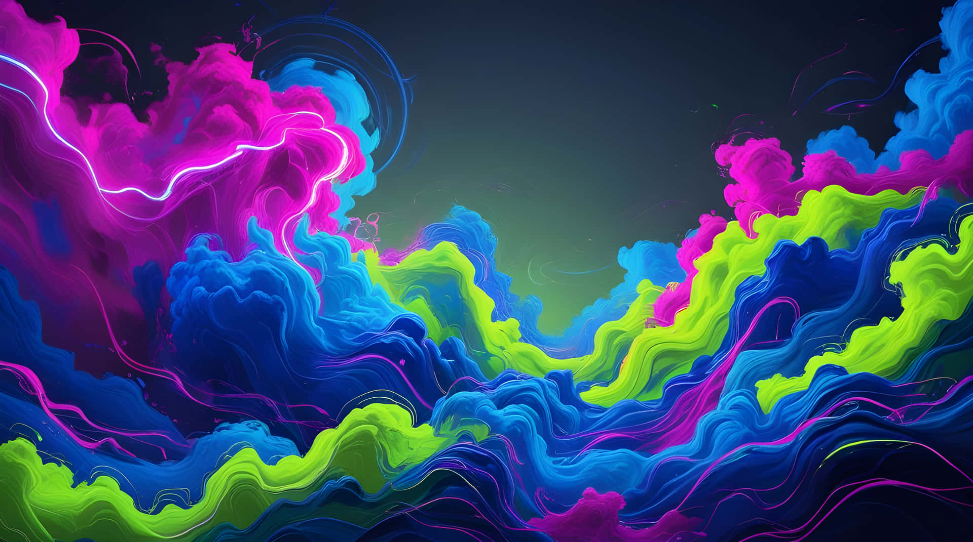 在深色漸變天空上動態旋轉的霓虹紫紅、青綠和萊姆綠雲朵 — Pastel 壁紙
