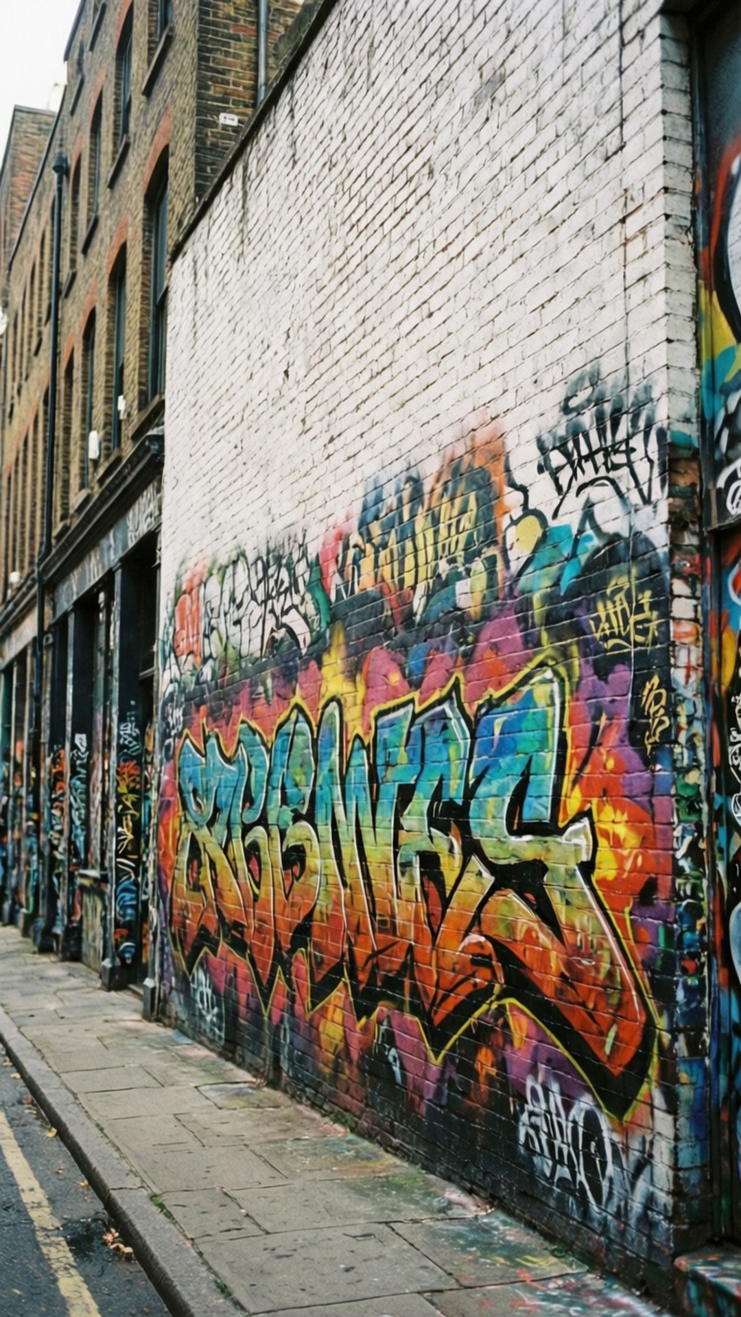 Graffiti Brick 壁紙 — 充滿活力的塗鴉藝術在城市的後巷中，白色磚牆上爆發，旁邊有建築物和人行道。