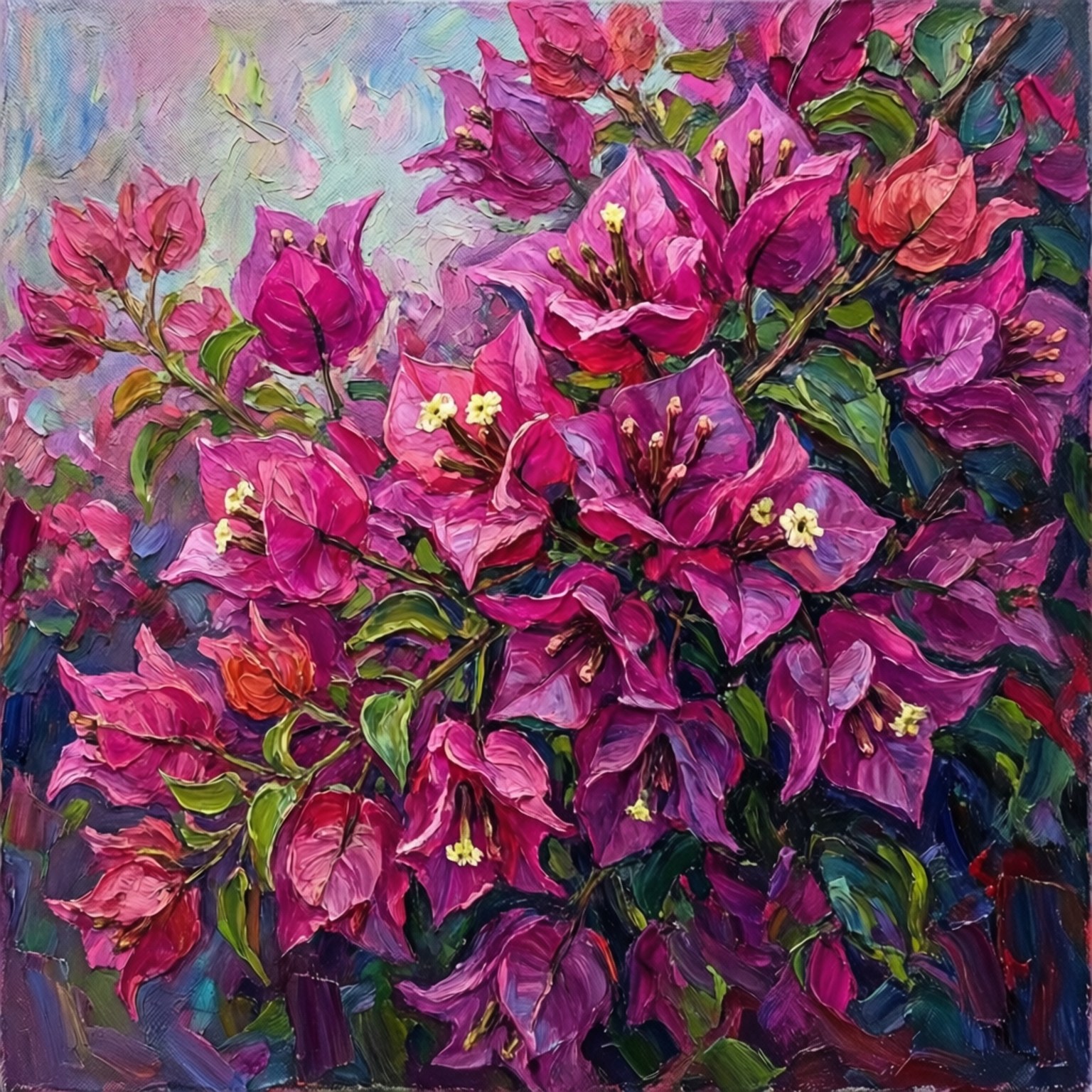 Impasto Bougainvillea Abstract 壁紙 — 充滿活力的洋紅色九重葛花朵，帶有黃色花心和茂盛的綠葉，以厚實的紋理油畫筆觸繪製。
