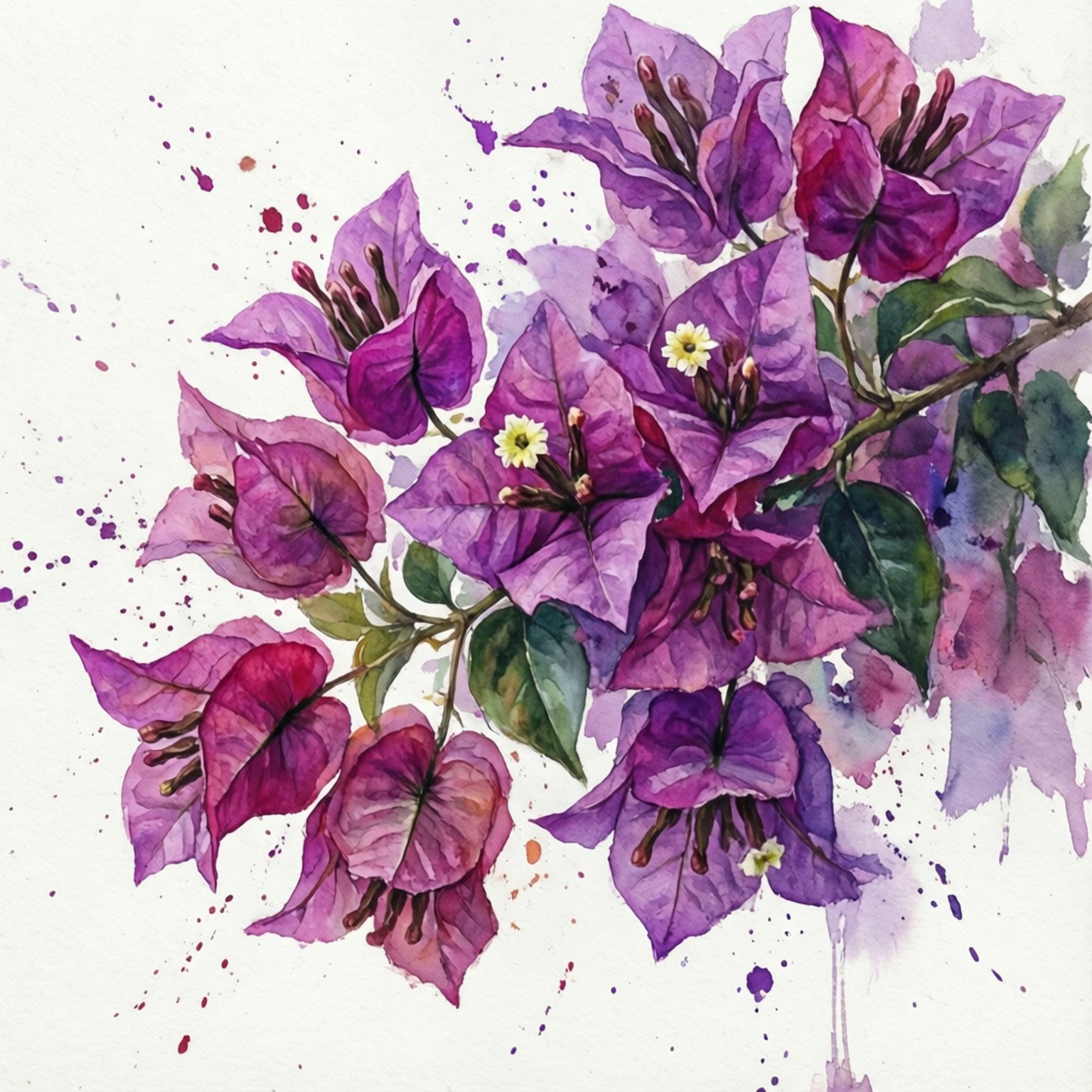 Watercolor Bougainvillea Burst 壁紙 — 充滿活力的紫色九重葛花朵，帶有細小的白色花心和綠色葉子，濺在紋理白色紙上。