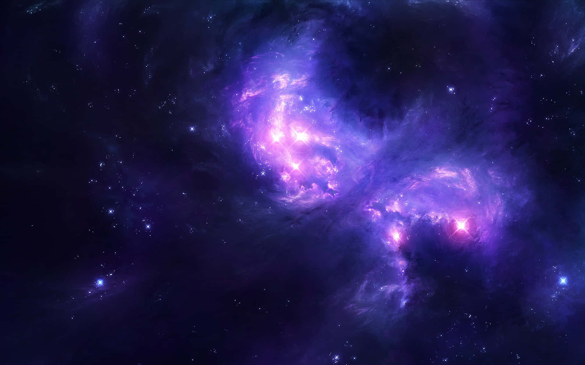  壁紙 — 充滿活力的紫色星雲在深邃的宇宙虛空中與閃爍的恆星一同旋轉。