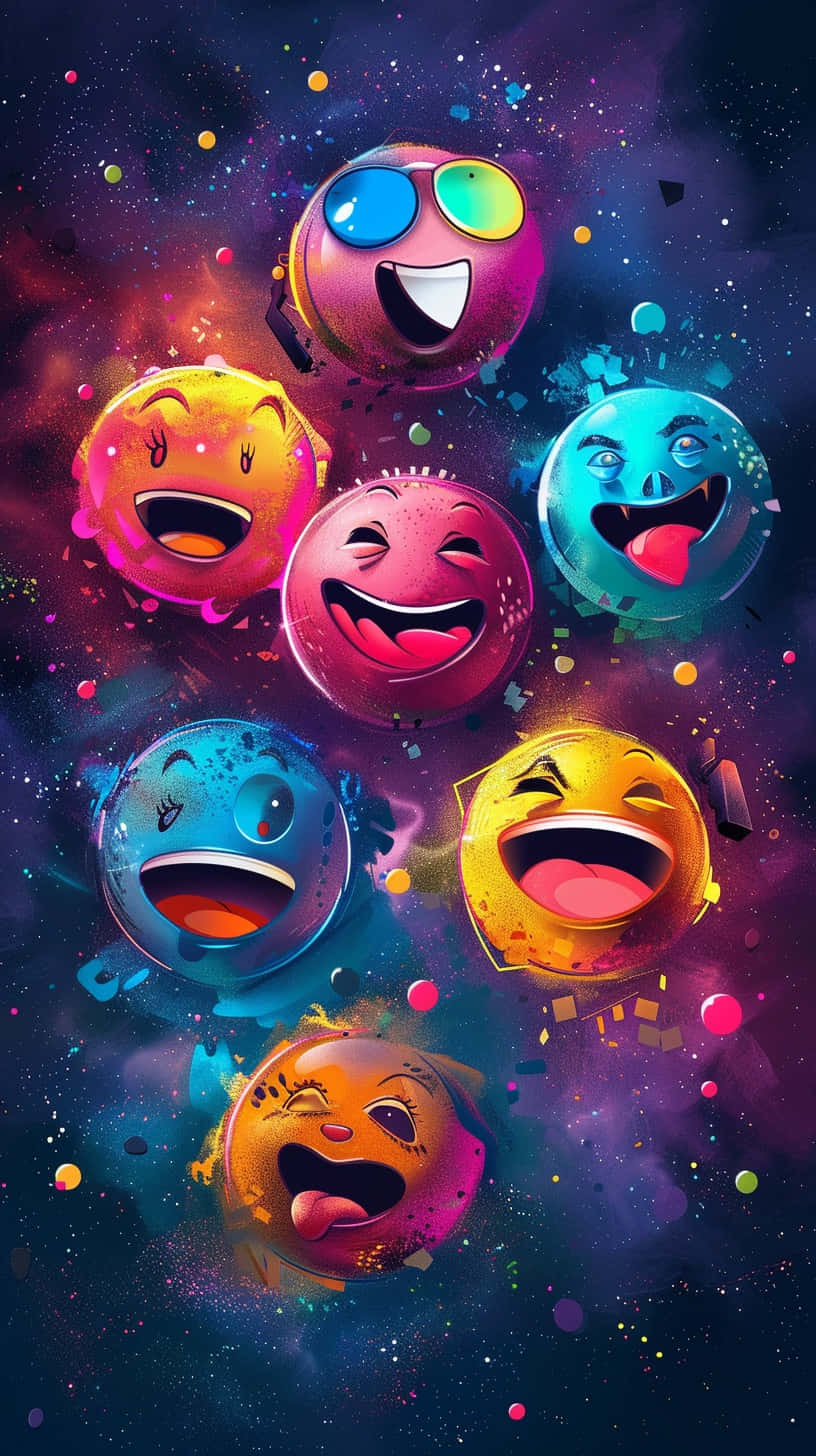  壁紙 — 充滿誇張表情的鮮豔表情符號臉孔在充滿彩色星星和粒子的宇宙星系中快樂地漂浮。
