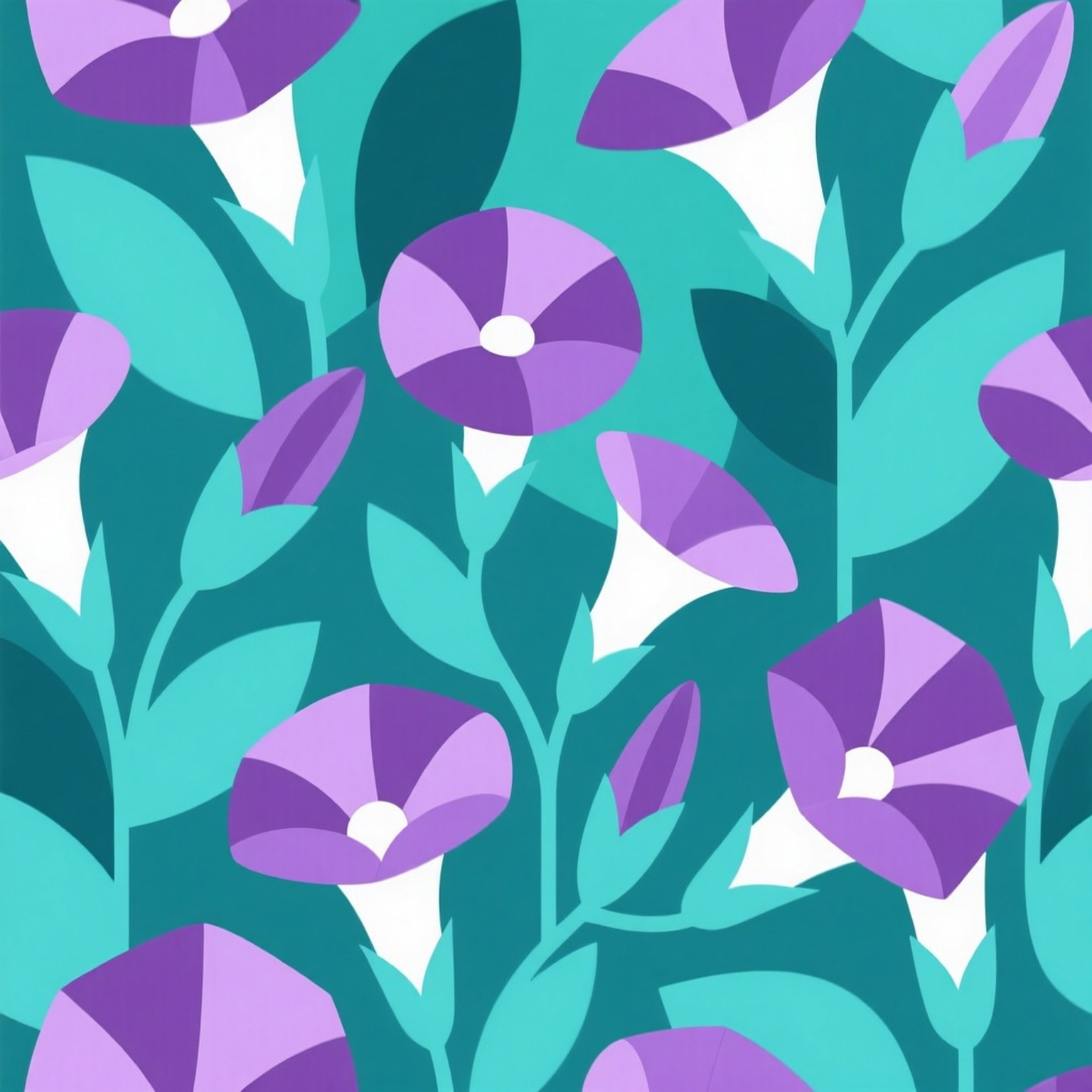 Geometric Pattern Morning Glory 壁紙 — 充滿活力的風格化紫色和白色喇叭花，帶有青綠色葉子，在青綠色背景上形成重複圖案。