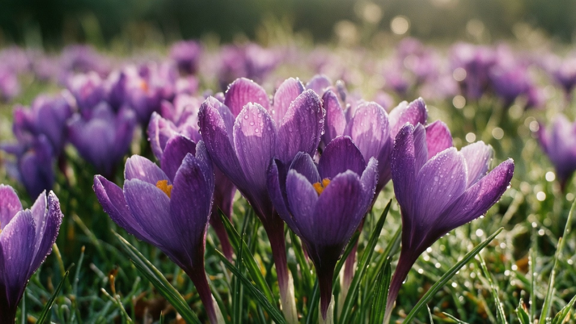 Violet Flower Meadow 壁紙 — 充滿活力的紫色番紅花在陽光明媚的草地上閃爍著露珠，背景柔和模糊。