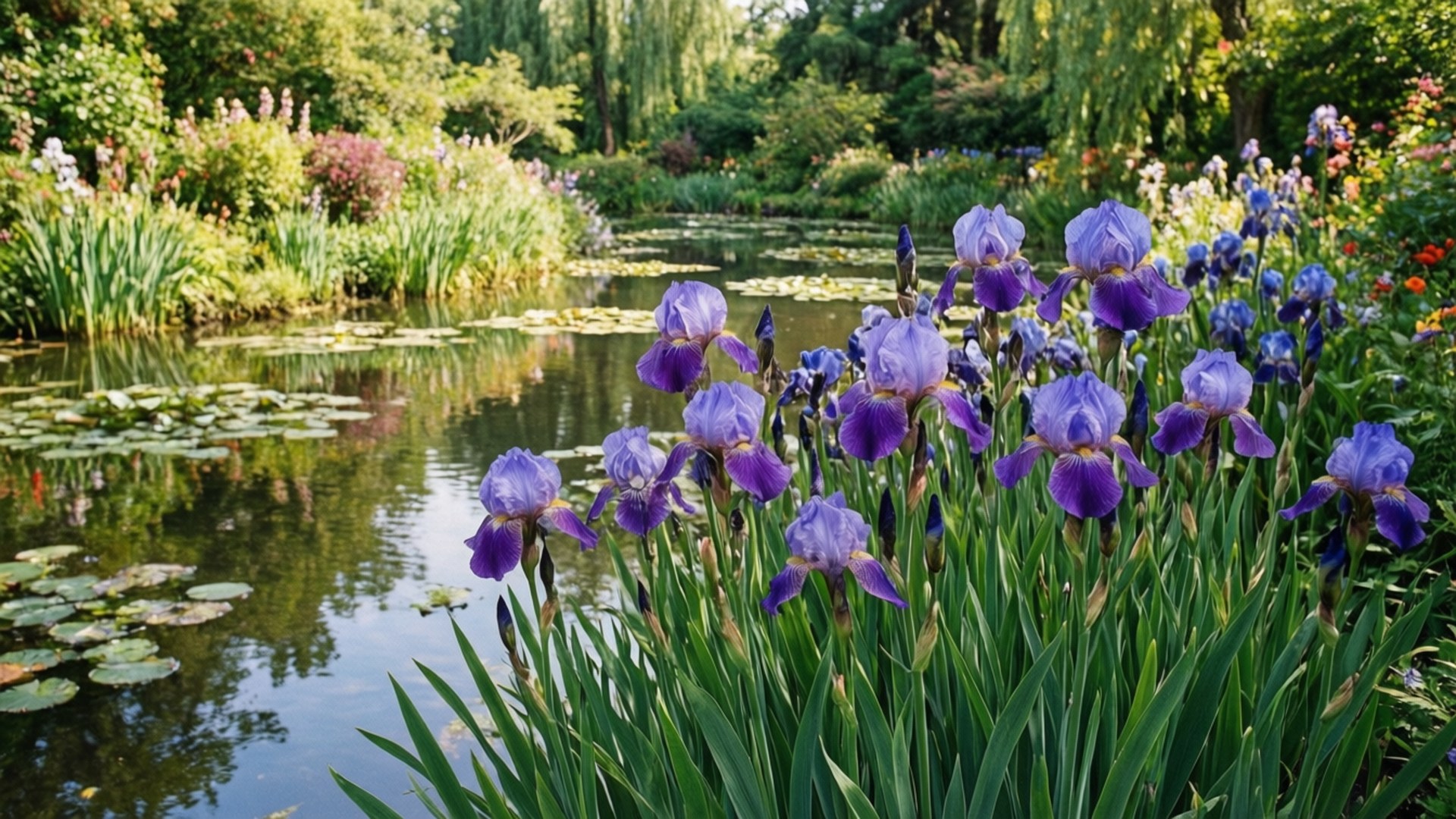 Iris Garden Peace 壁紙 — 充滿活力的紫色鳶尾花在寧靜的池塘邊盛開，池塘點綴著睡蓮，周圍環繞著茂密的綠色植物。