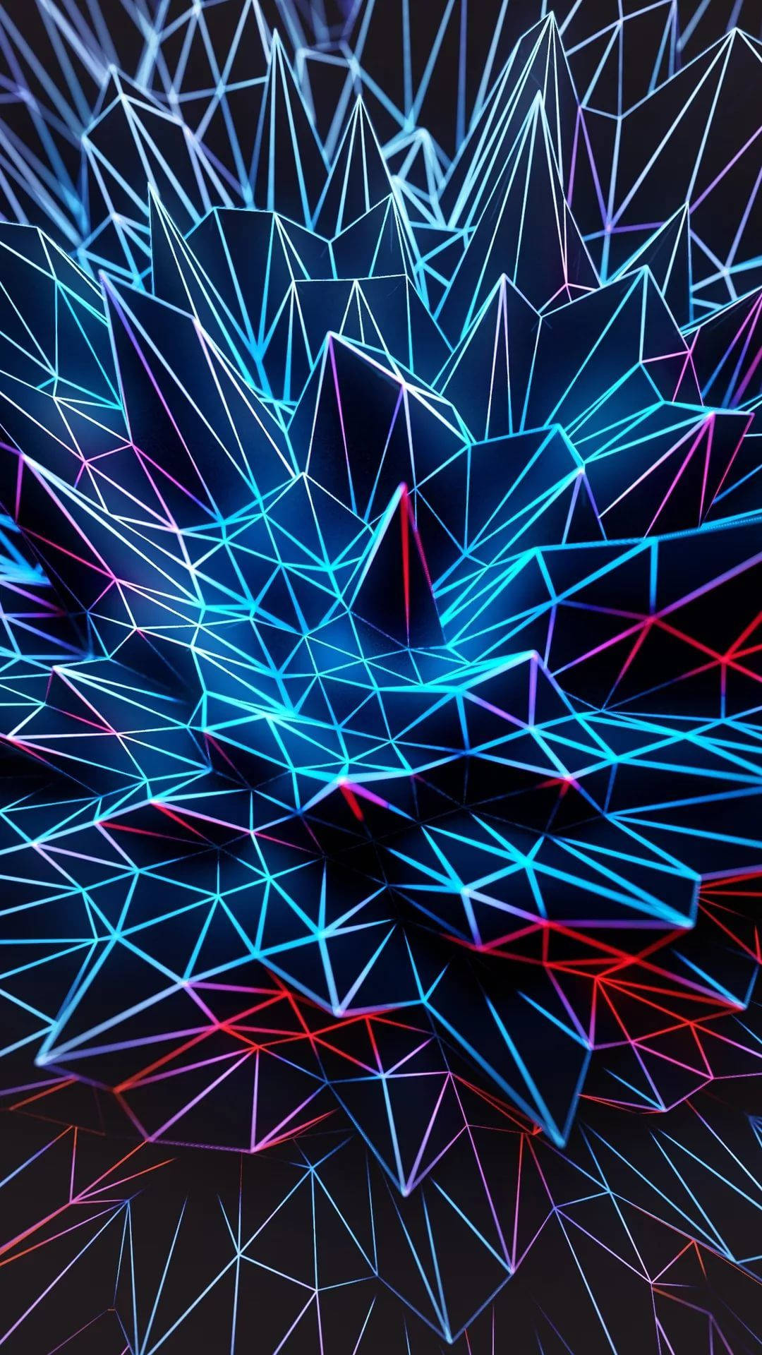 在黑暗空間中發光的抽象霓虹幾何形狀 — 3D 壁紙
