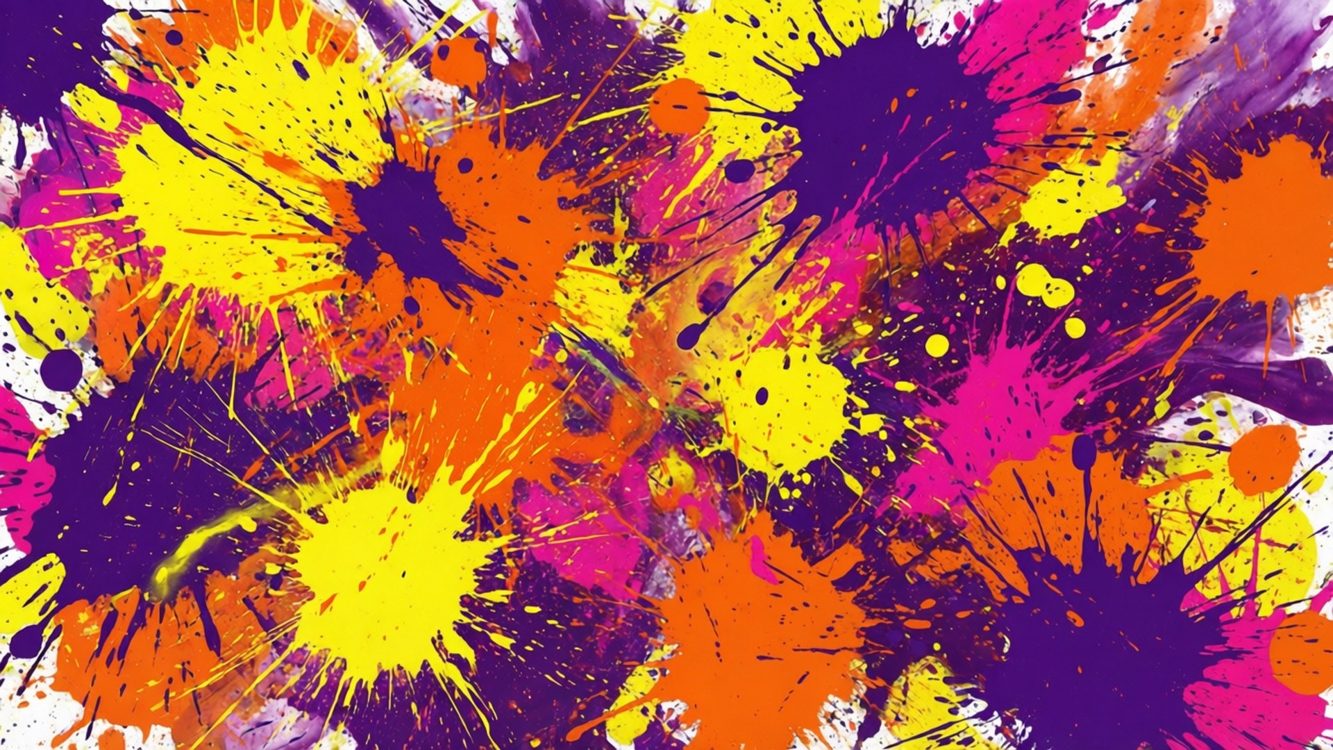 Abstract Splash Friday 壁紙 — 充滿活力的黃色、橙色、紫色和粉紅色抽象顏料飛濺在白色背景上爆炸。