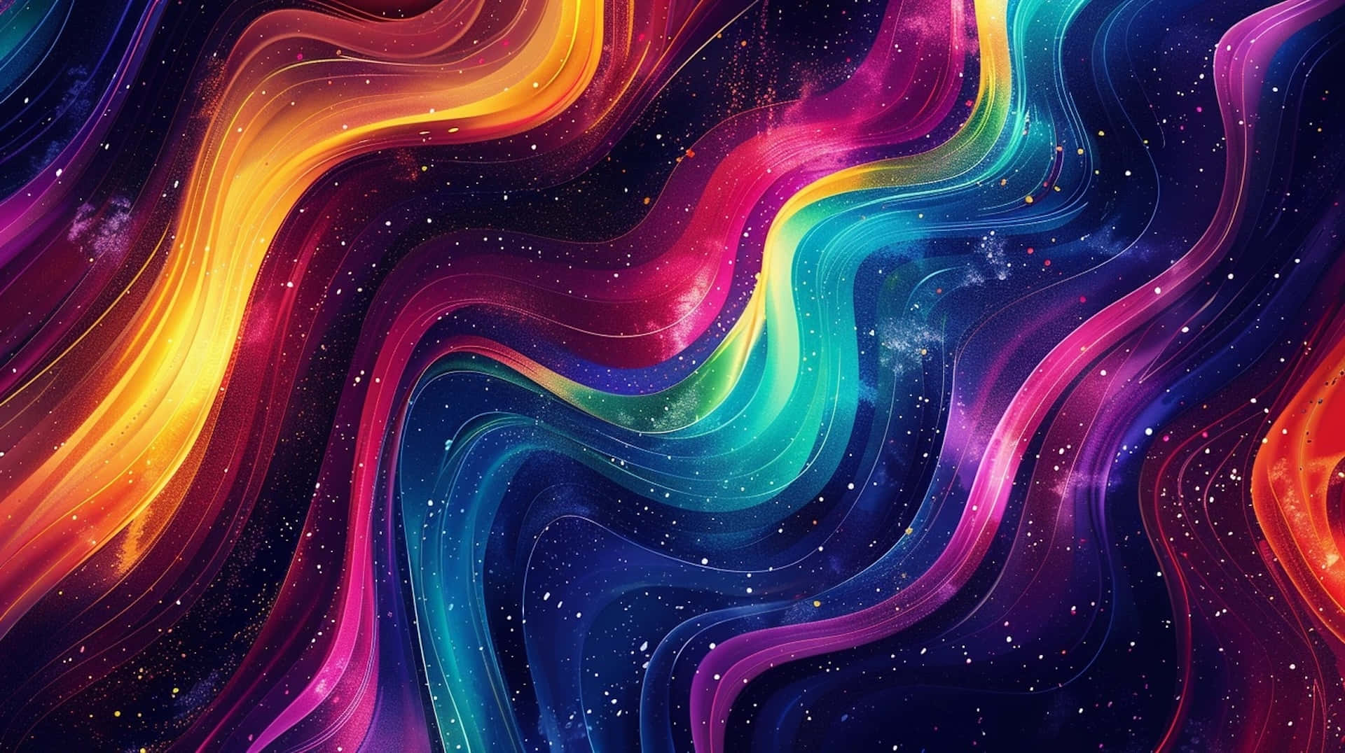  壁紙 — 充滿活力的彩虹色宇宙波浪在繁星點點的夜空中旋轉，構成迷人的數位藝術作品。
