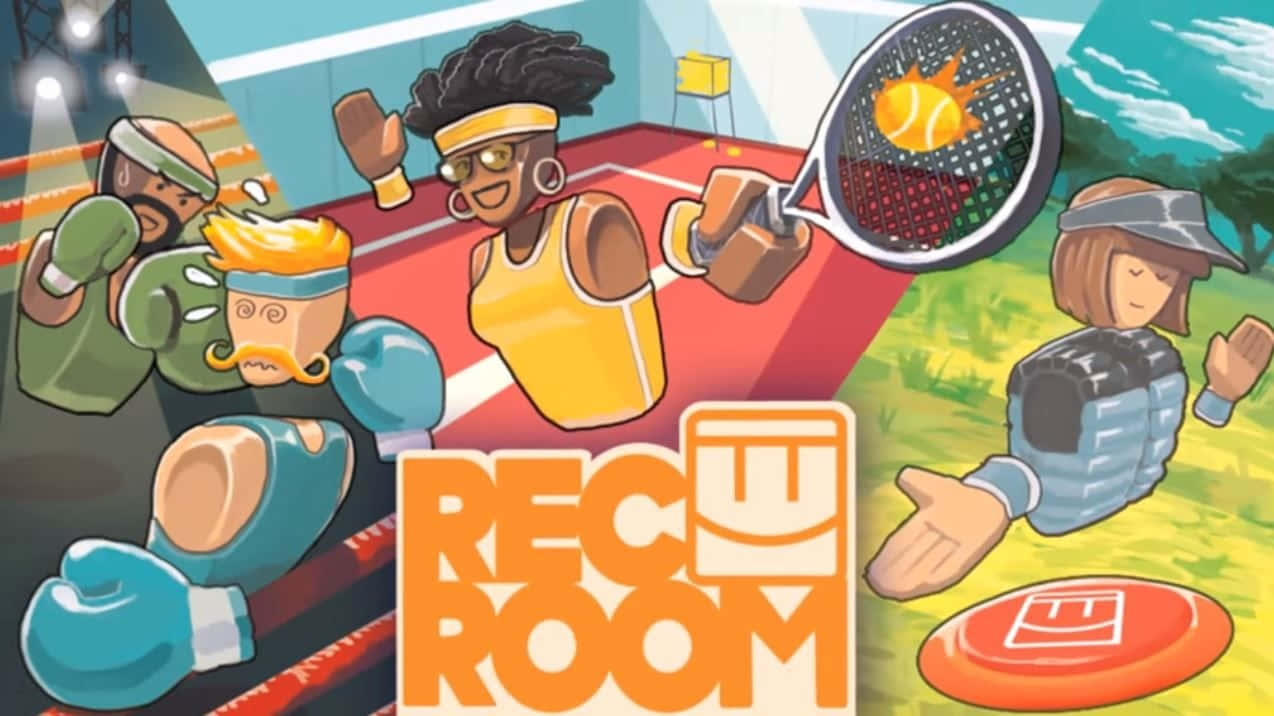  壁紙 — 充滿活力的卡通角色在色彩繽紛的Rec Room遊戲場景中打拳擊、網球和飛盤。