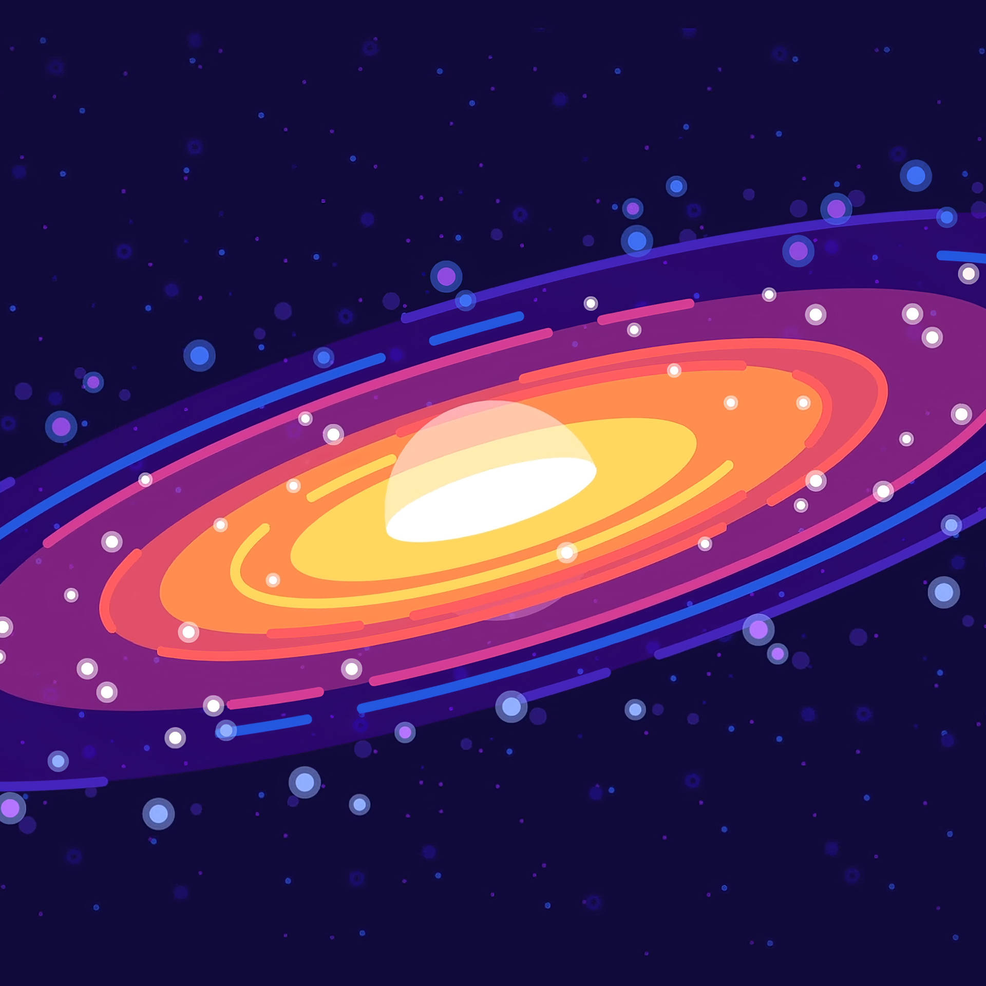 一個色彩繽紛的卡通星系，在深空中帶有發光的環和星星。 — iPad 壁紙
