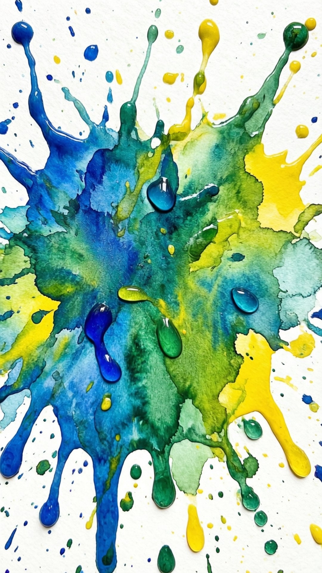 Watercolor Splash Art 壁紙 — 充滿活力的藍色、綠色和黃色水彩潑濺在白色紋理表面上動態爆發，水滴懸浮在半空中。