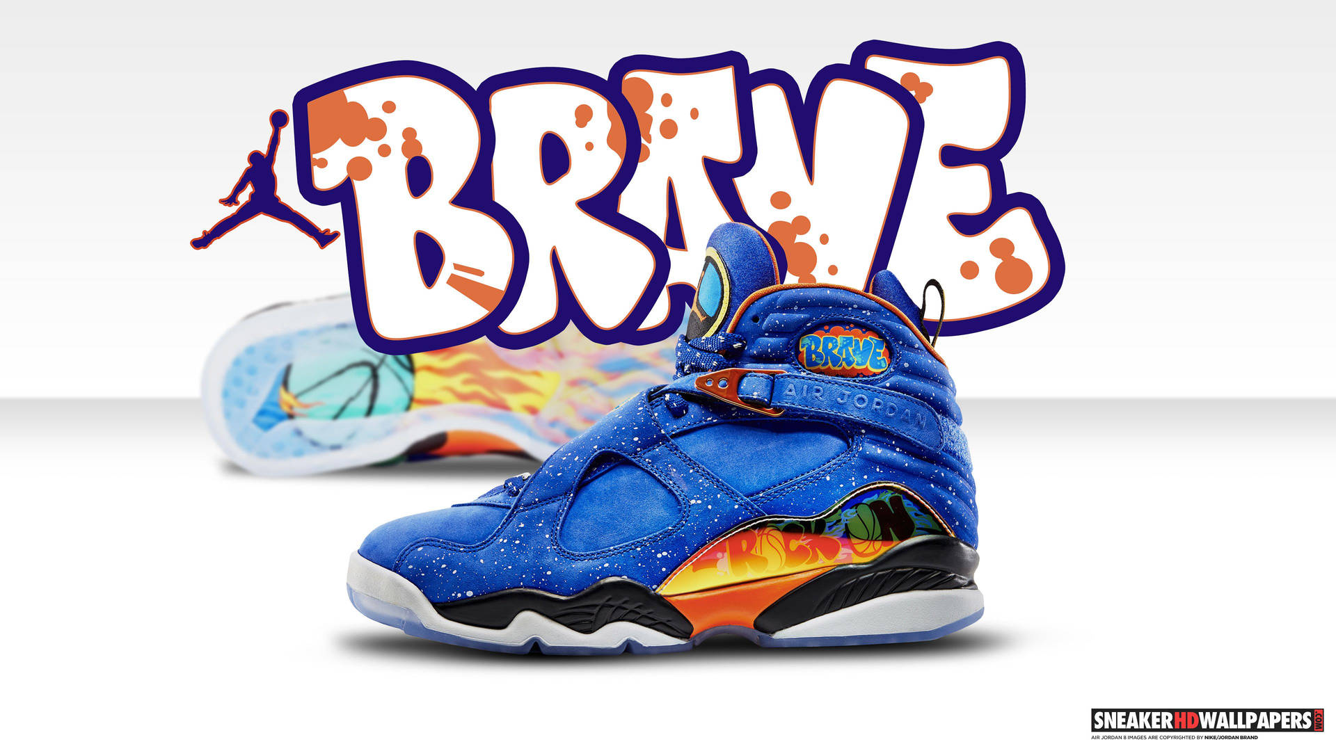 藍色和橙色 Air Jordan 8 運動鞋，帶有 'BRAVE' 塗鴉文字和籃球圖案。 — Jordan Logo 壁紙