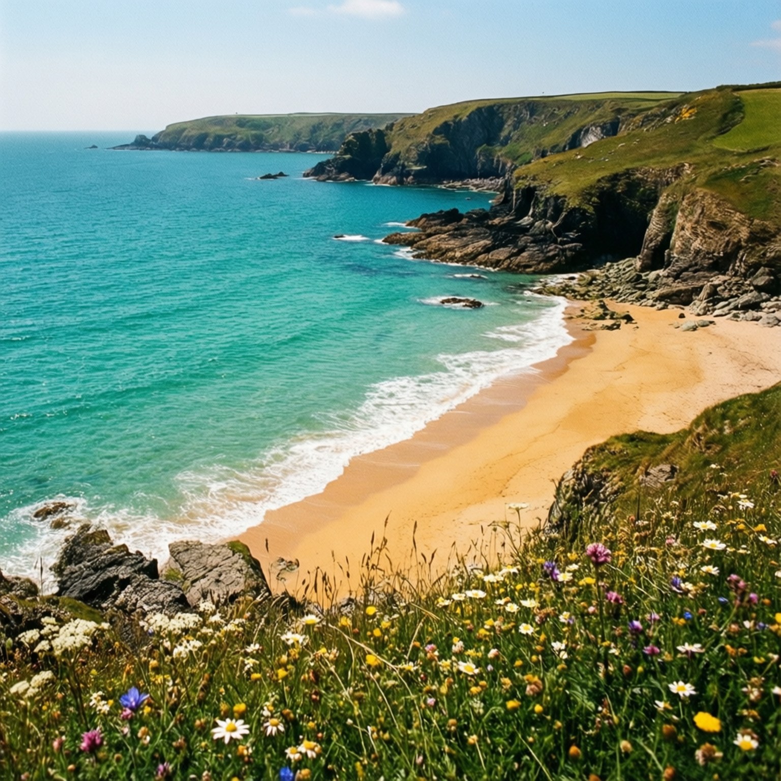 Cornwall Coastal Beauty 壁紙 — 充滿活力的碧綠海水拍打著金色沙灘，沙灘坐落在鬱鬱蔥蔥的綠色懸崖和野花草甸之間。