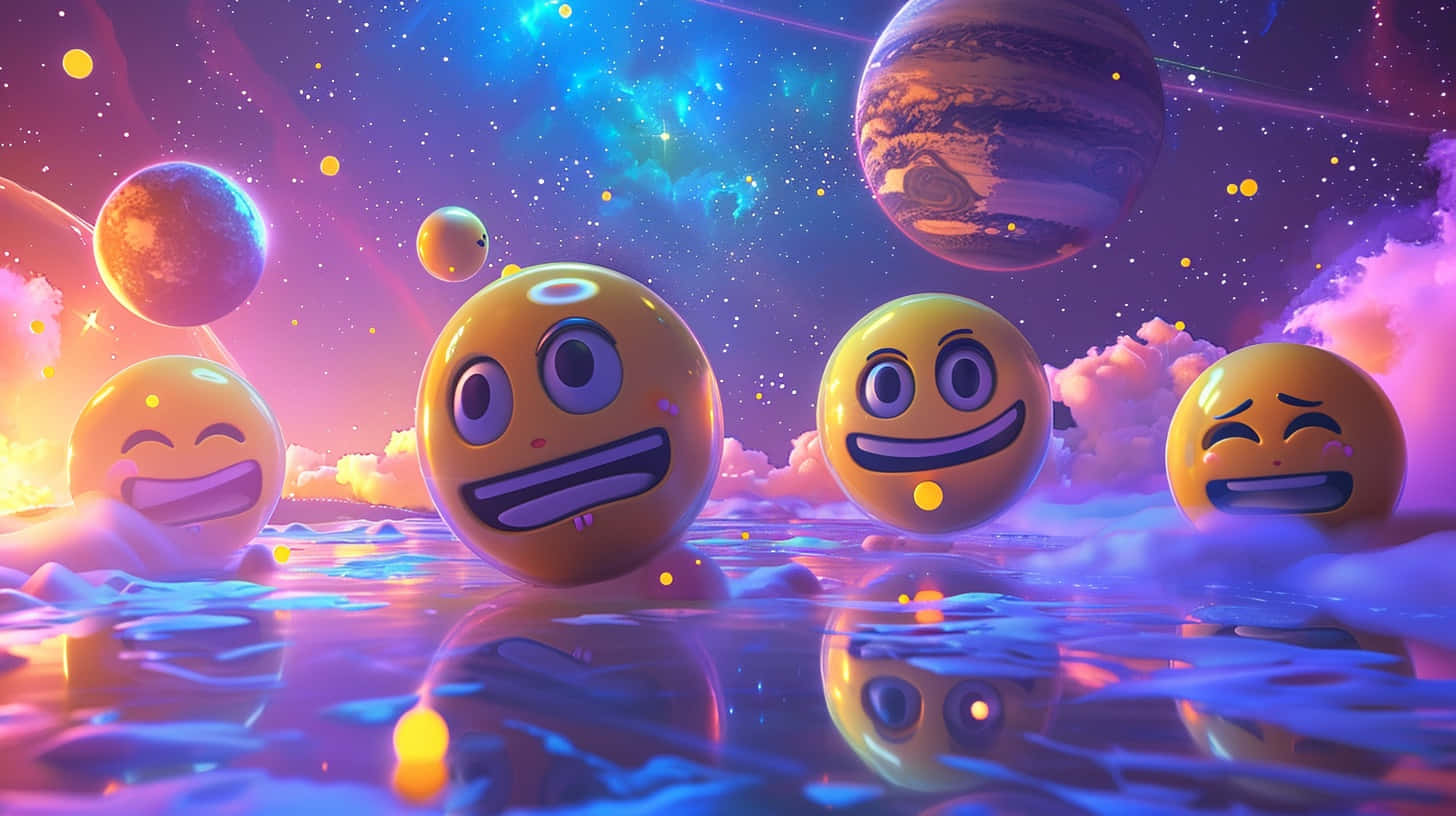  壁紙 — 充滿活力的表情符號角色在色彩繽紛的行星和發光的星雲下，快樂地漂浮在宇宙海洋中。