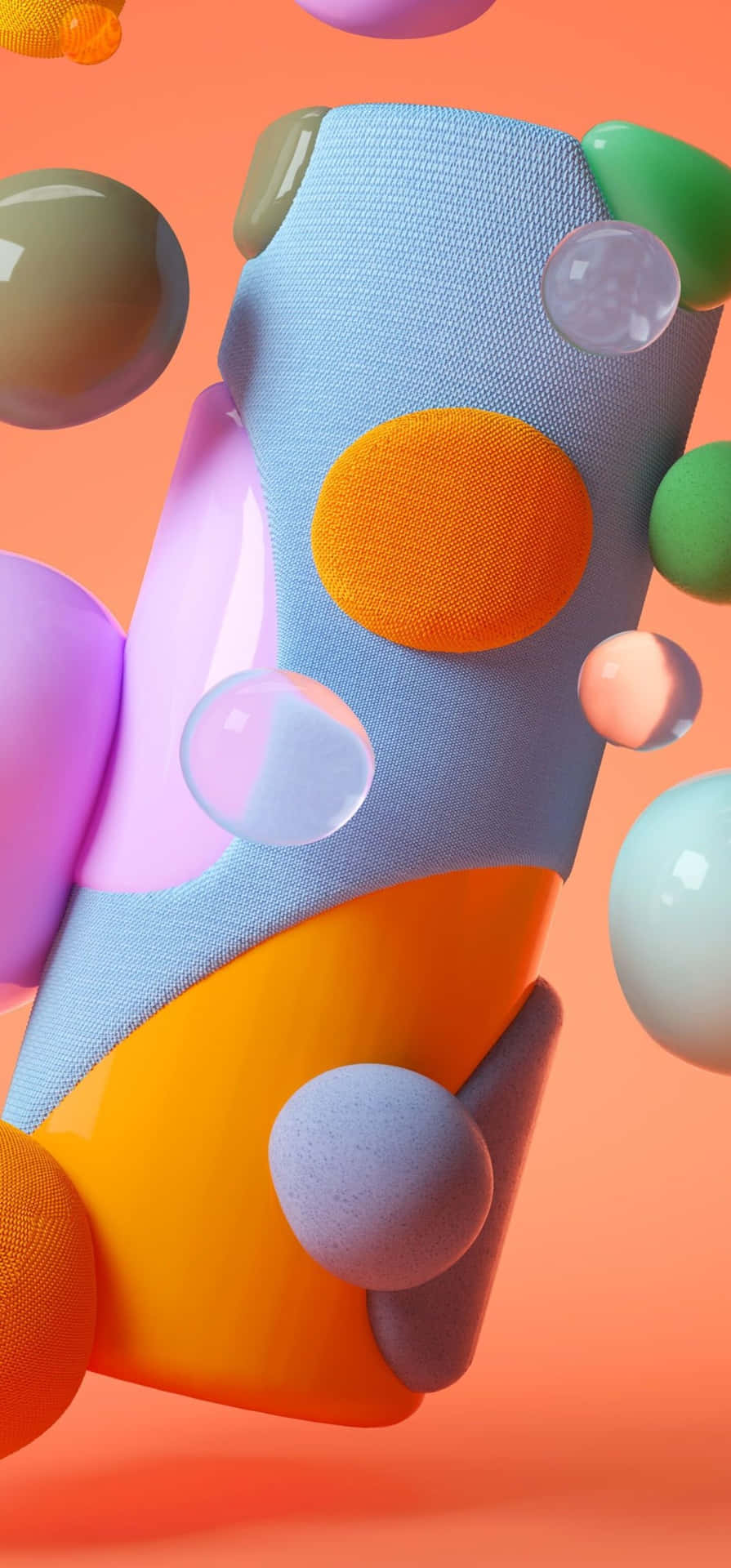  壁紙 — 充滿活力的3D渲染抽象形狀，帶有紋理布料和光澤球體，漂浮在溫暖的珊瑚色背景上。