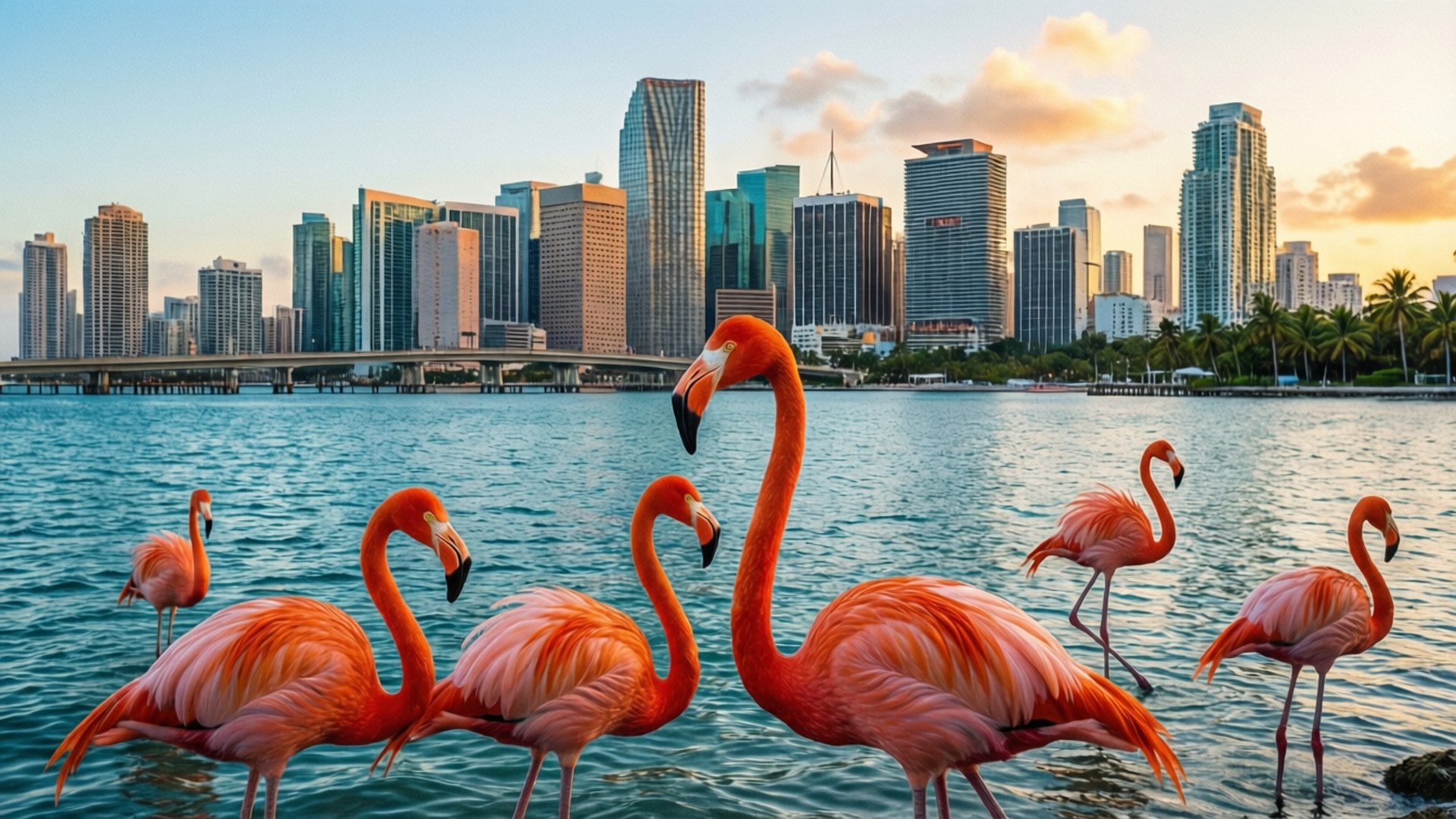 Flamingo Skyline 壁紙 — 充滿活力的粉紅色火烈鳥在平靜的水中涉水，現代城市天際線在金色日落光芒中閃耀。