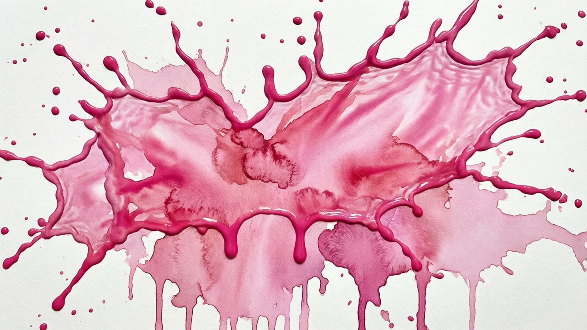 Watercolor Pink Splash 壁紙 — 充滿活力的粉紅色油漆飛濺在潔白的表面上動態爆發，形成充滿活力的抽象構圖。